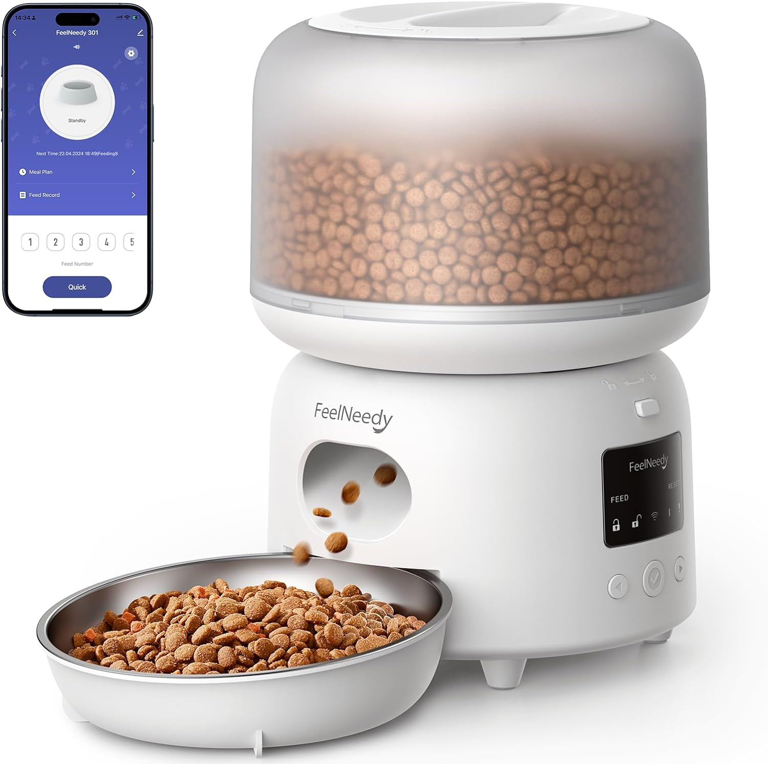 FEELNEEDY Automatic Feeder for Cats, Small and Medium Dogs, Stainless Steel Dish, Height Adjustment, 1.9 Gal (3 L) Capacity, Prevents Food Clogs, Timer Type, Lid Lock image number 3
