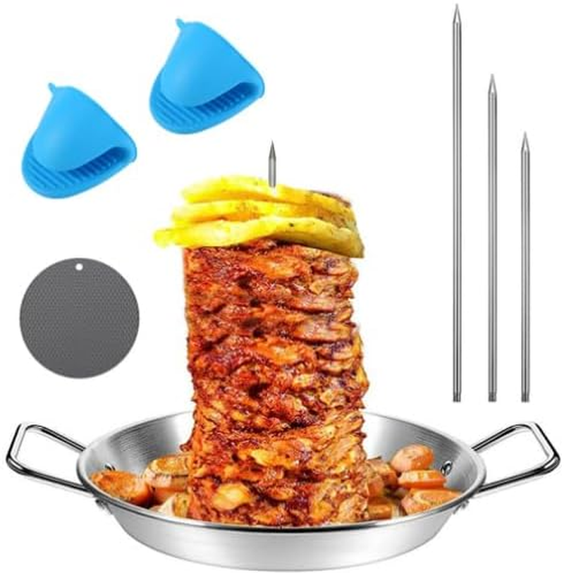 13Inch Vertical Skewer Grill Pan,Barbecue Pan,304 Stainless Steel Vertical Skewer With8/10/12Inch Roasting Sticks, with Mat,Gloves,Reusable Vertical Barbecue Rack Vertical Pans Grill for Picnic