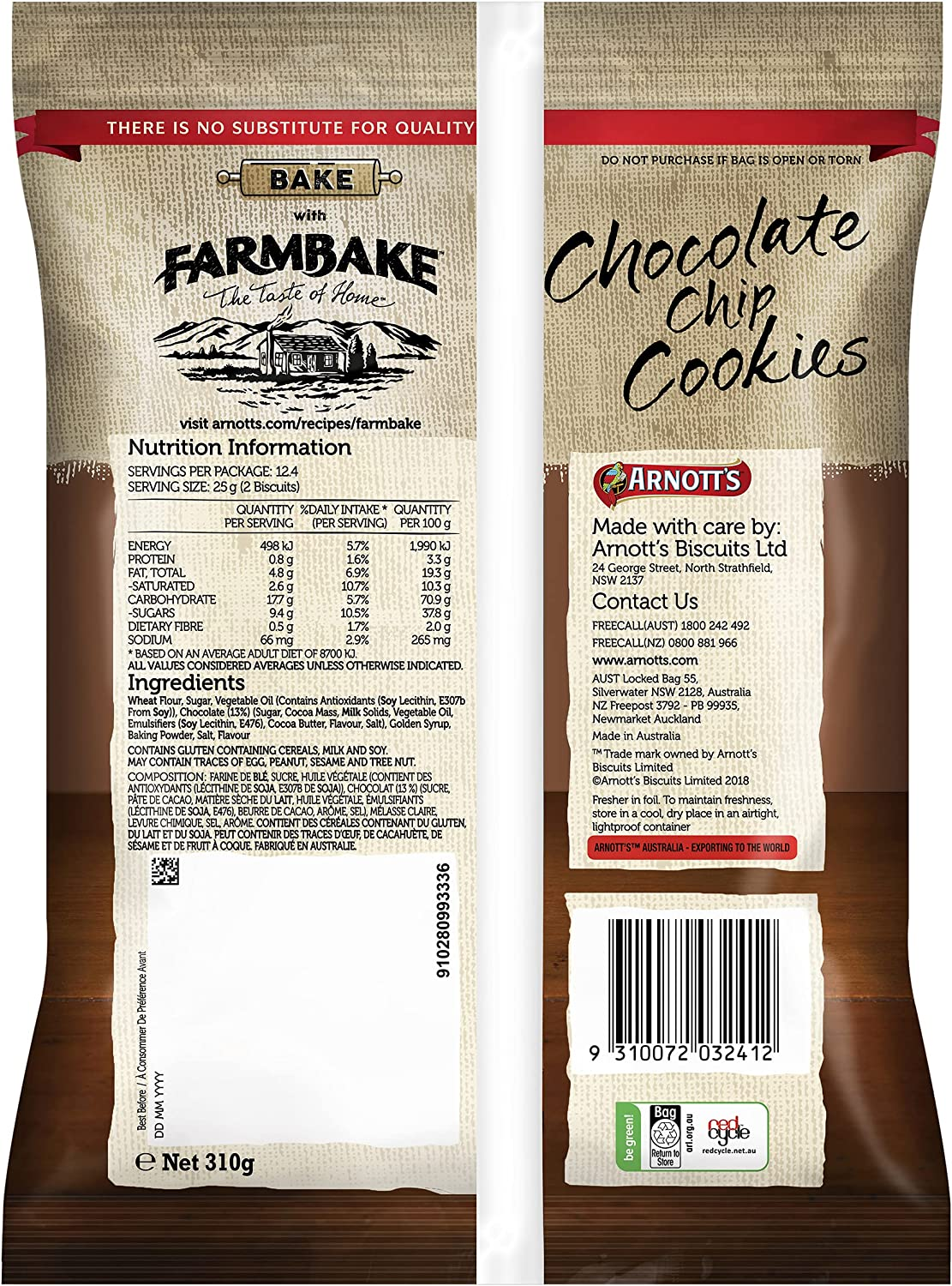 Arnott'S Farmbake Chocolate Chip Cookies, 310 Grams image number 1
