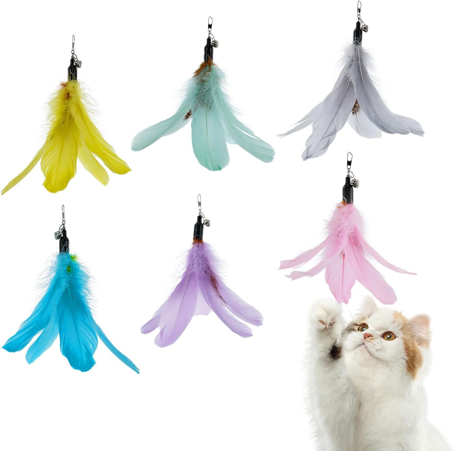 SONGWAY Cat Toy Wand Replacement - 6 Pieces Cat Toys, Cat Feather Toy Refills, Cat Teaser Wand Attachments, Interactive Cat Toys for Indoor Cats Light-Colored Feathers