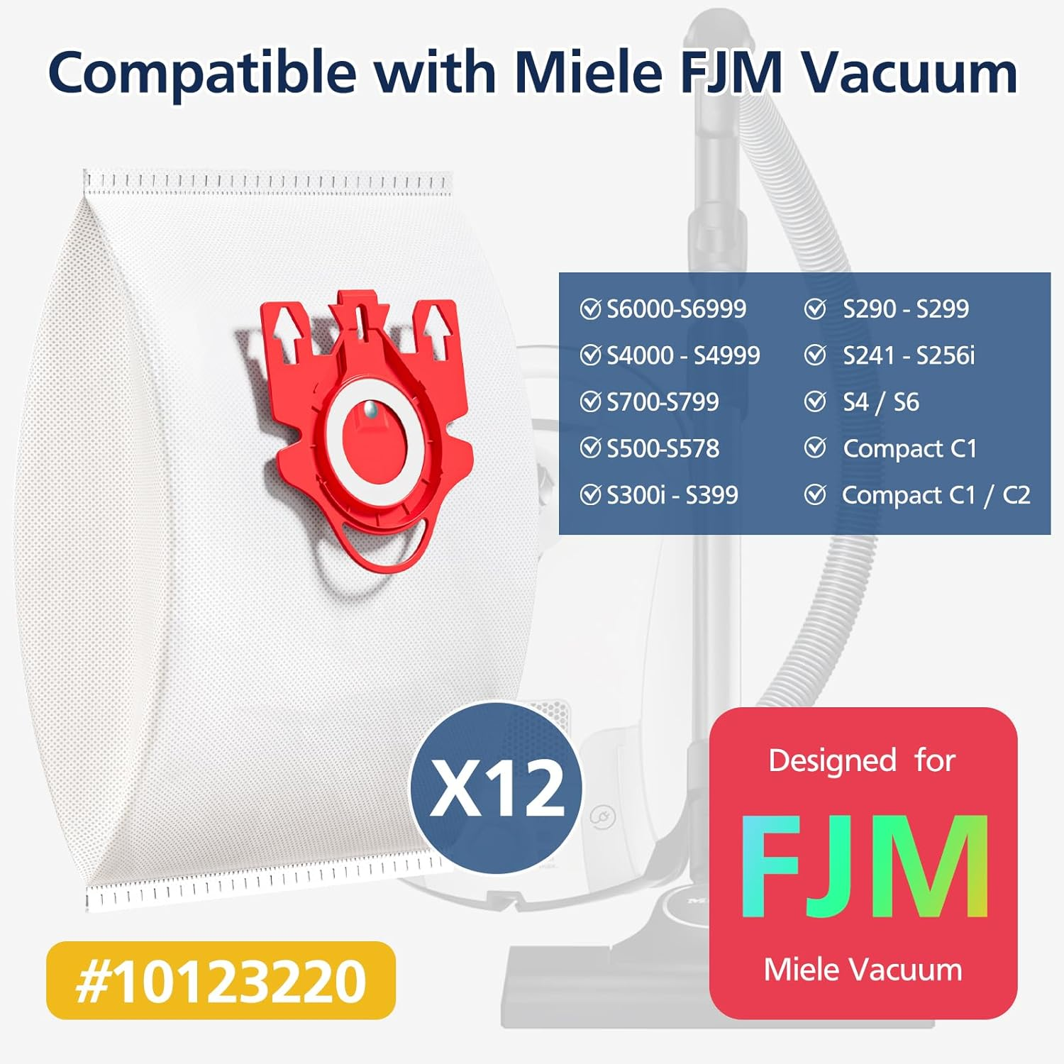 12 Pack 3D Airclean Dust Bags for Miele FJM Vacuum Compact C2 Compact C1 Complete C1 S241 S290 S300I S500 S700 S4 S6 Series Canister Vacuum Cleaner image number 1