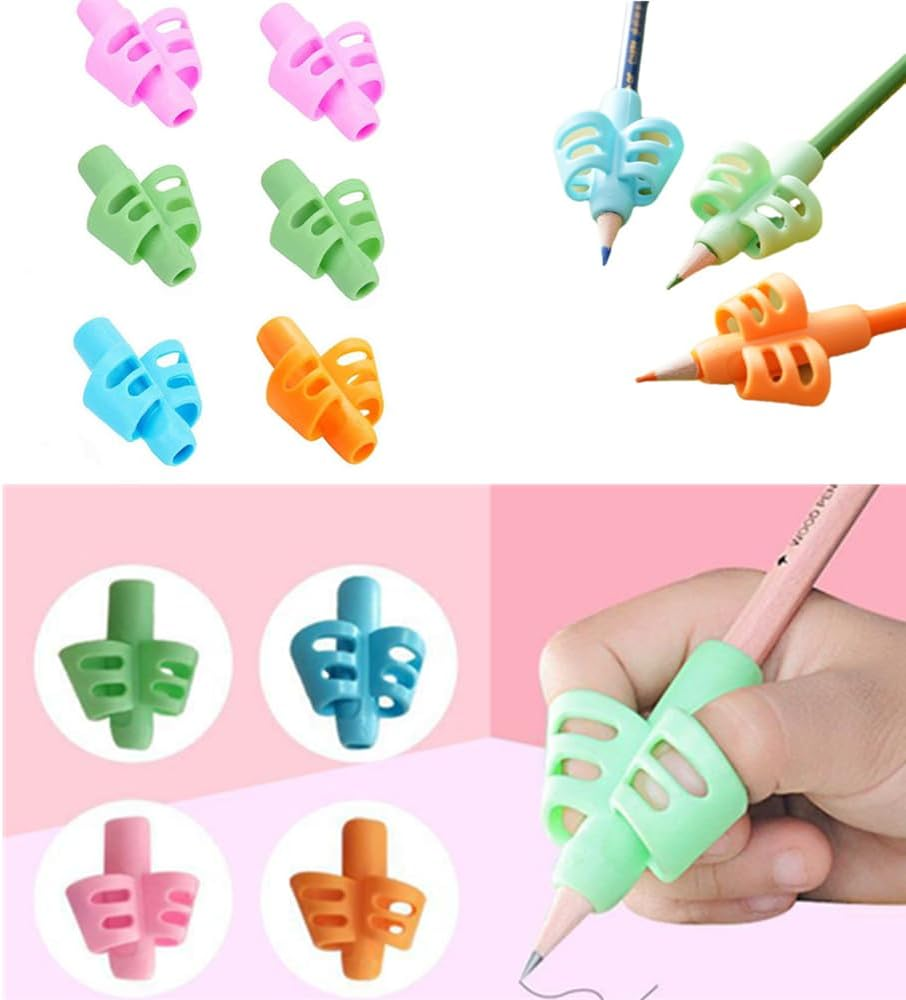 CAASFOOY Pencil Grip Set,Pencil Grips for Kids Handwriting, Pencil Grips, Children Writing Aid Pencil Gripper Trainer, 6 Pack, 4 Colors