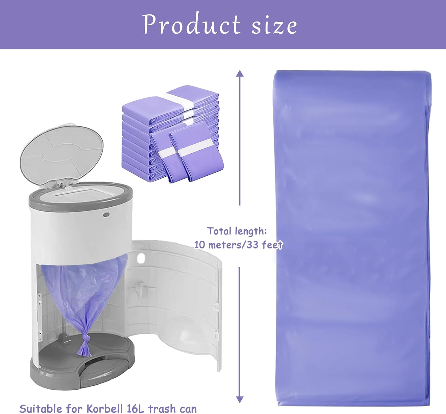 Diaper Pail Refill Bags Compatible with Korbell 16L Nappy Disposal Bin Liners &ndash; 10M per Bag, Odour & Bacteria Lock, Lightly Scented Powder Fresh, for Baby & Adult Use, Purple(4Pc)
