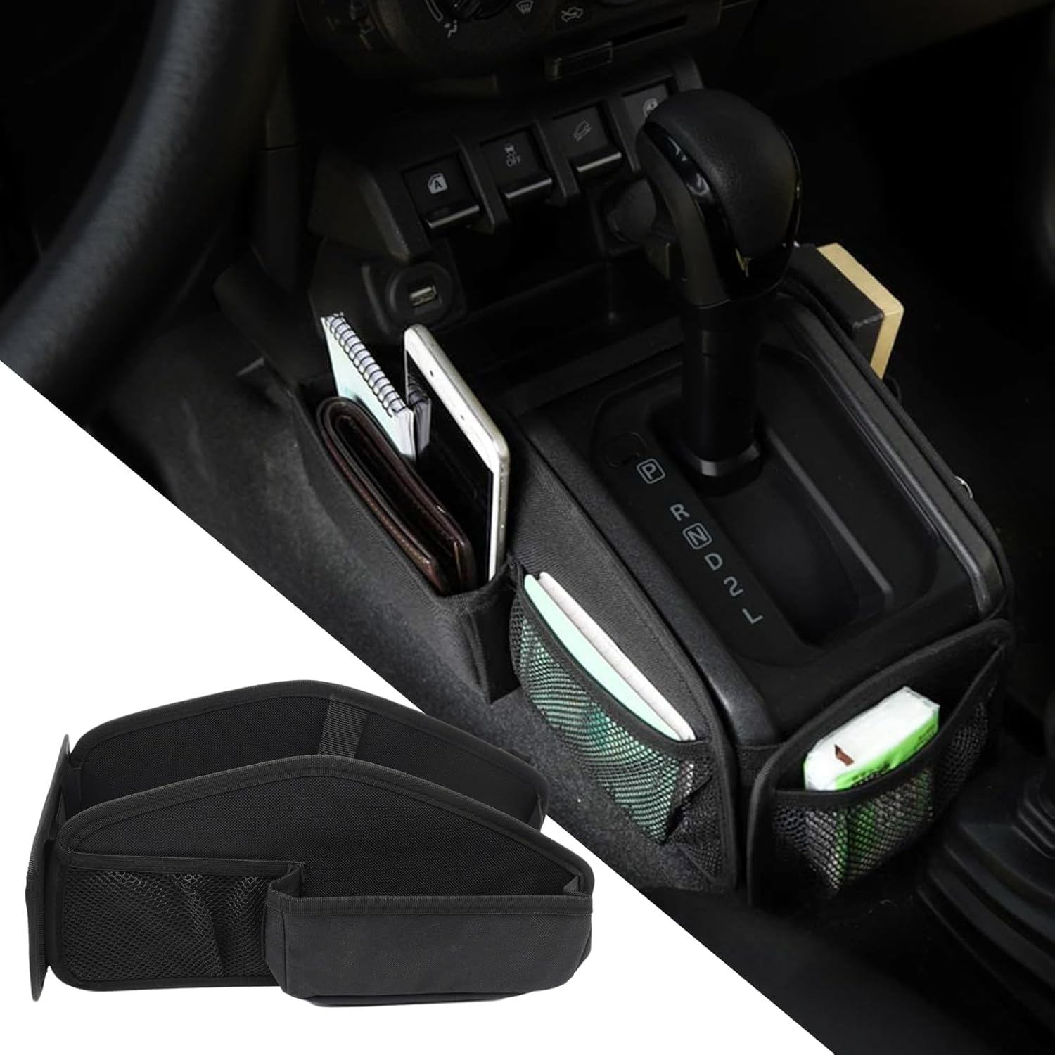 AUTOXBERT Center Console Organizer Bag for 2019-2022 Suzuki Jimny JB43 JB64 JB74 at Models Gear Shift Mesh Storage Pockets image number 2
