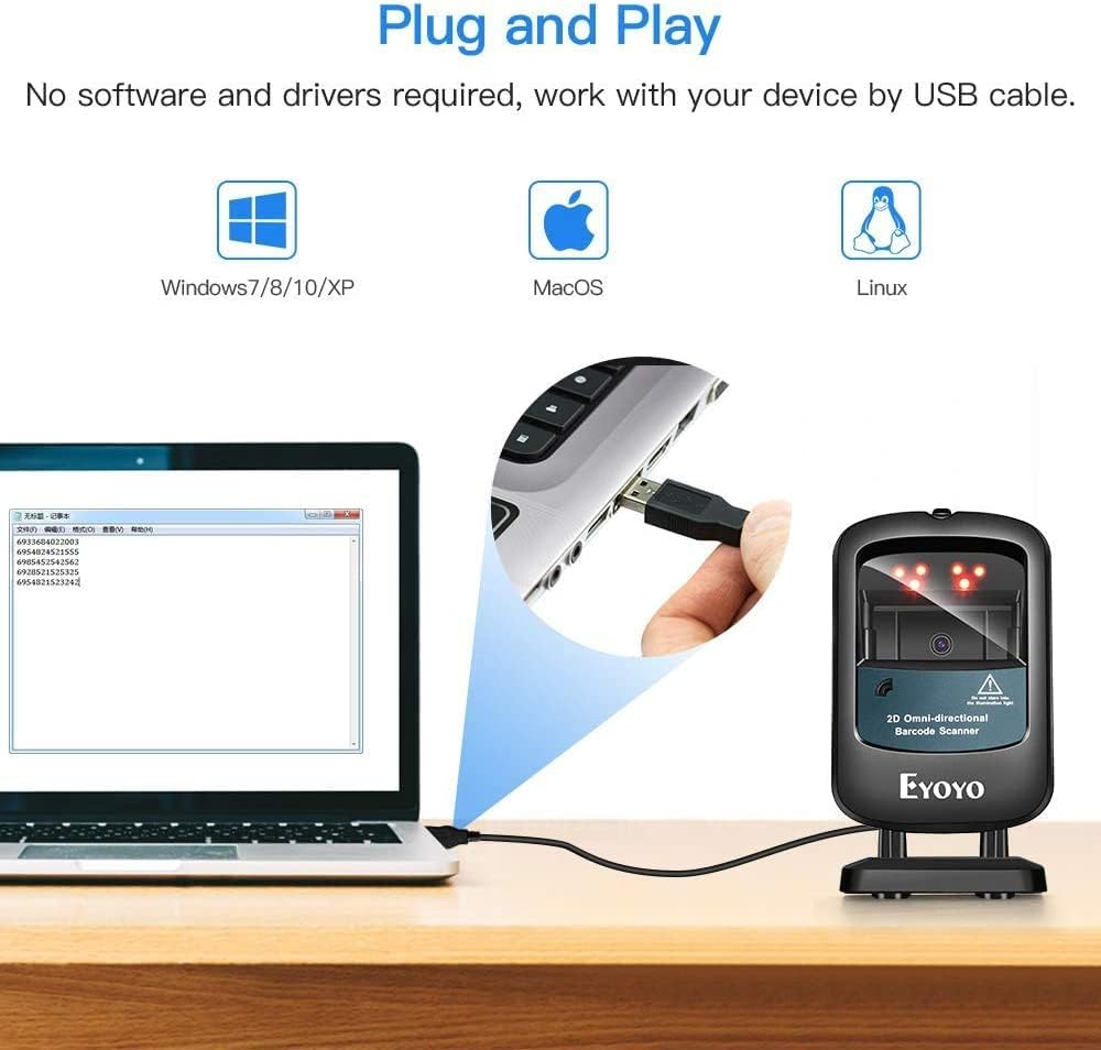 Eyoyo 2D Hands-Free Barcode Scanner, Omnidirectional USB Wired Desktop Barcode Reader 1D 2D PDF417 Data Matrix Bar Code Reader with Automatically Scanning for Retail Store Supermarket Mall Business