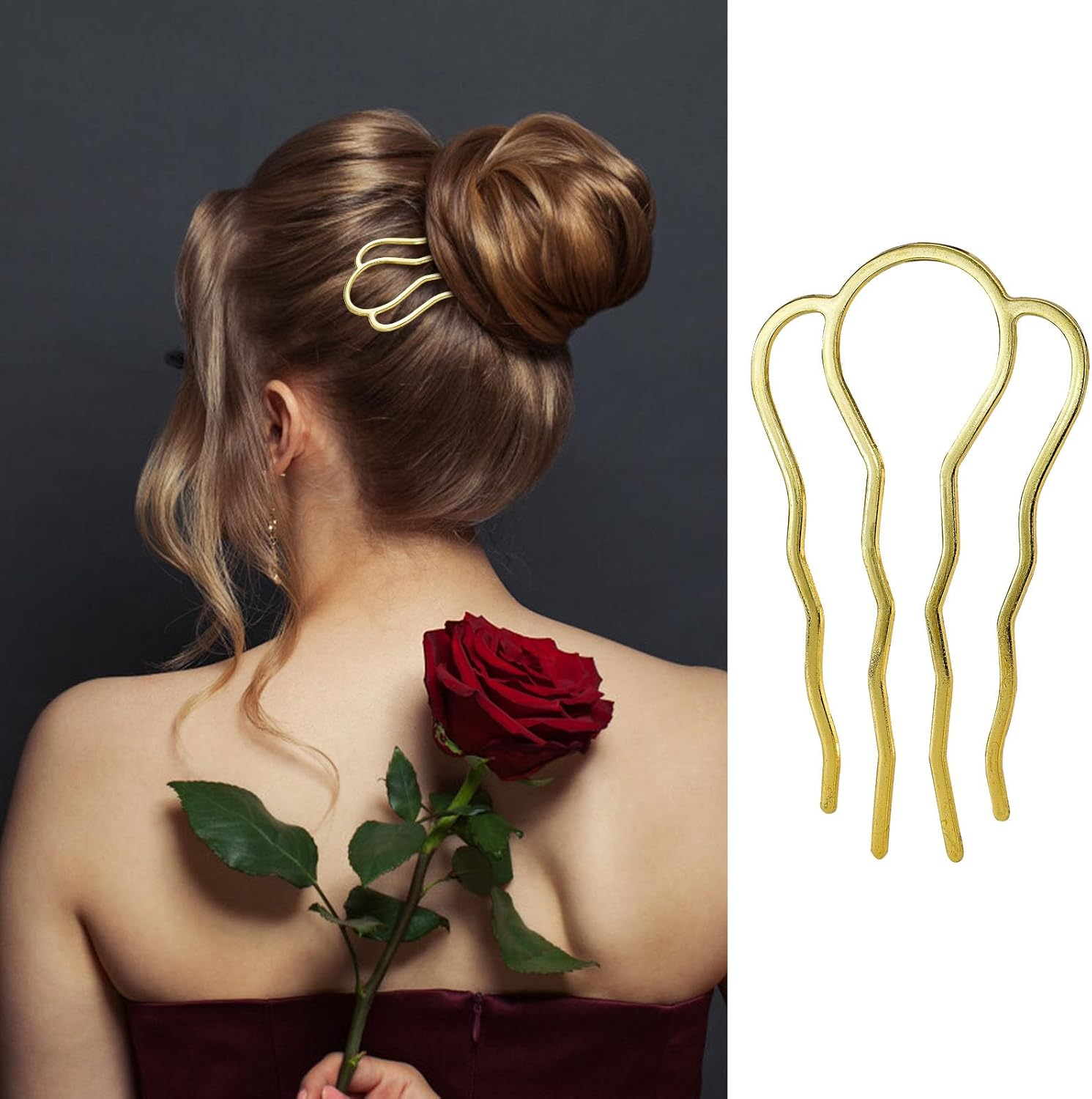 18 Piece Metal Hair Fork Clip Hair Side Combs U-Shaped Metal Hair Pins for Buns 4 Prong Hair Updo U-Shape Hair Sticks for Women Hair Styling Tool Accessories (Silver, Gold and Rose Gold) image number 1