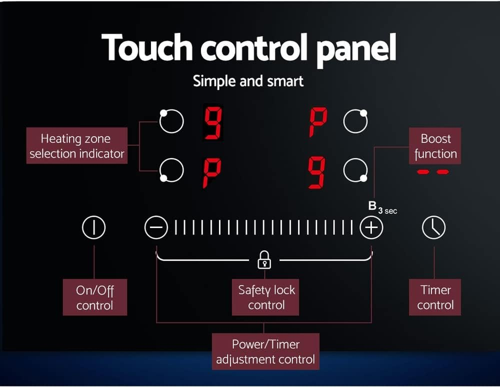 Devanti Induction Cooktop, Ceramic Glass Portable Cookware Cooker Super Powerful Electric Stove Plate Home Kitchen Appliance, with 4 Cooking Zones Touch Control Panel Black image number 2