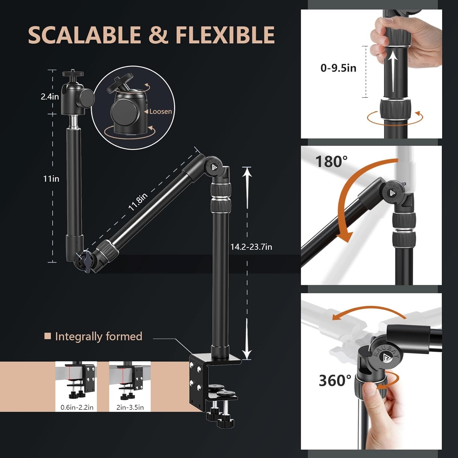 【All Metal】Raubay Desktop Magic Arm, Overhead Camera Desk Mount, Table Light Stand with 1/4&ldquo; Ball Head, 3/8" & 5/8" Adapter, C Clamp, Retractable Boom Arm for DSLR, Webcam, Microphone, Projector DMA01 image number 5