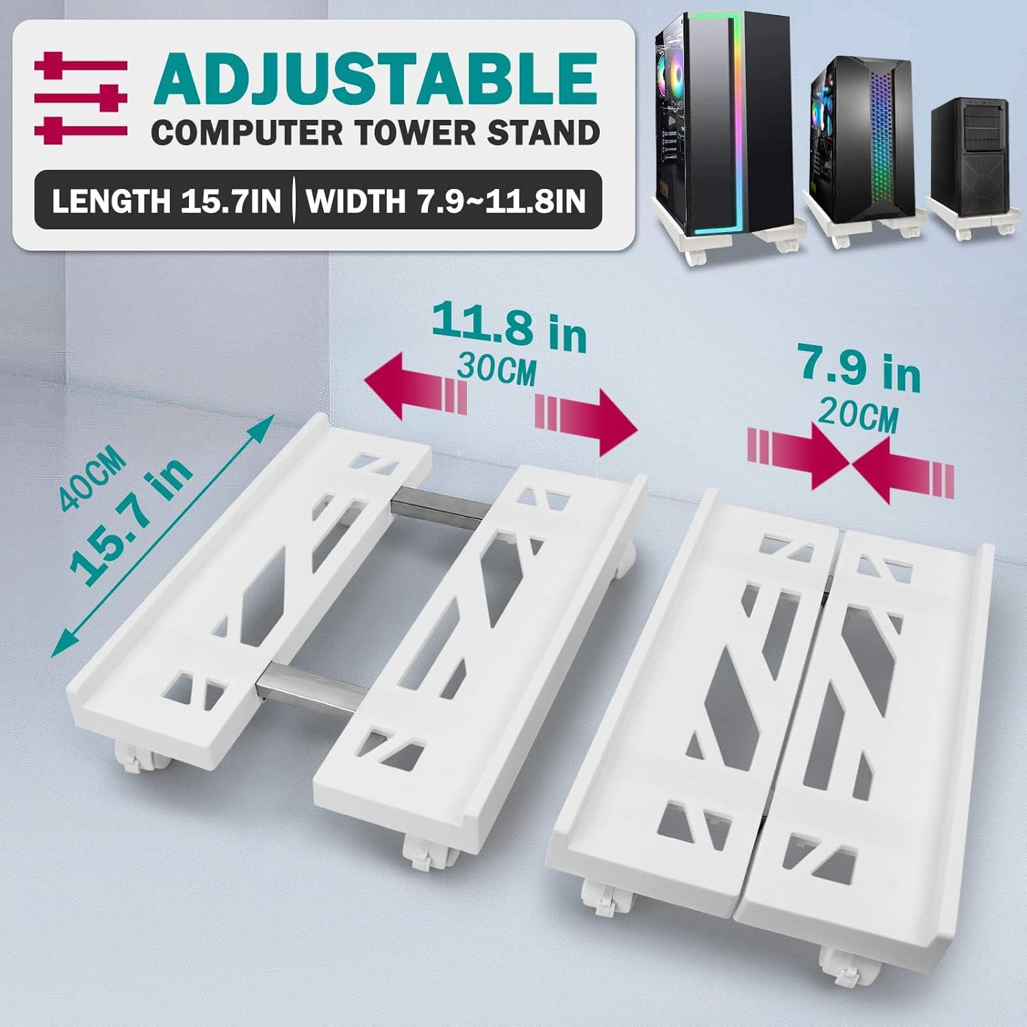 Adjustable Mobile CPU Stand with 360&deg; Wheels, Ventilated Computer Tower Stand Fits Most PC (White)