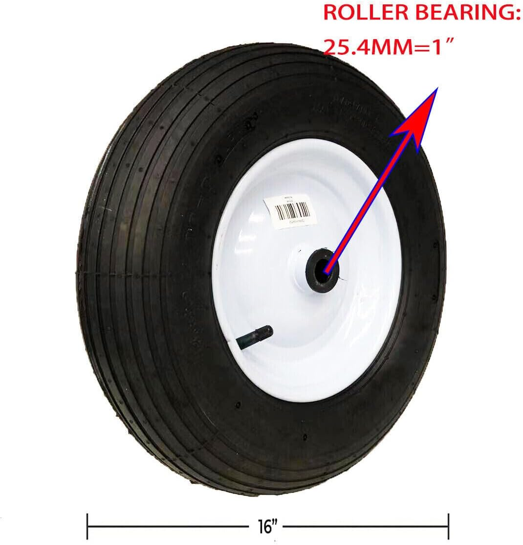 2PCS 25.4Mm Bore 16" Pneumatic Wheelbarrow Wheels with 4.8/4.00-8 Tires, 1" Roller Bearing, Metal Rim, 120Kg Capacity, for Garden, Farm, Outdoor Use, Lightweight and Durable, Not for Highway Use image number 6