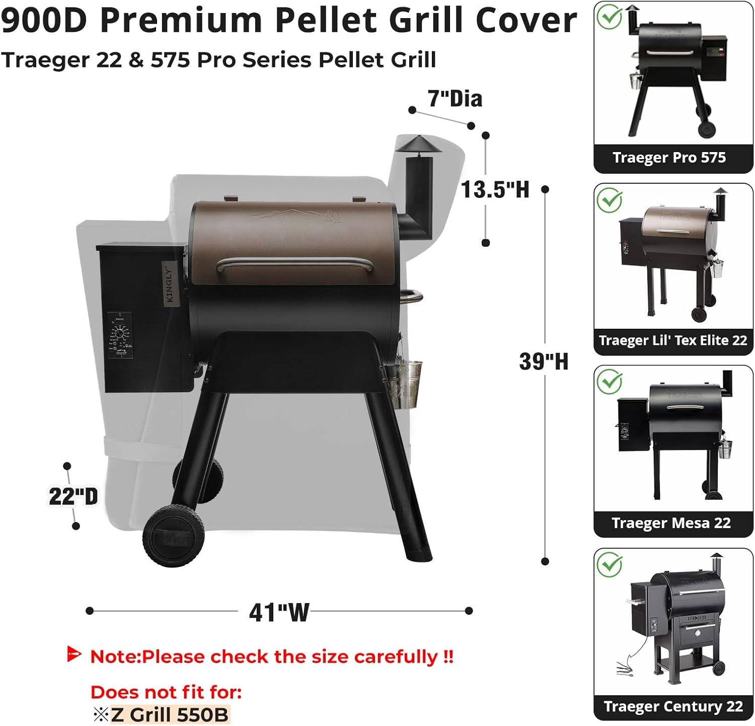 Grill Cover for Traeger Pro 22/575 Series BAC503,[900D Heavy Duty] Wood Pellet Smoker Cover for Traeger Pro 575, Lil'Tex Elite,Eastwood,Black image number 4