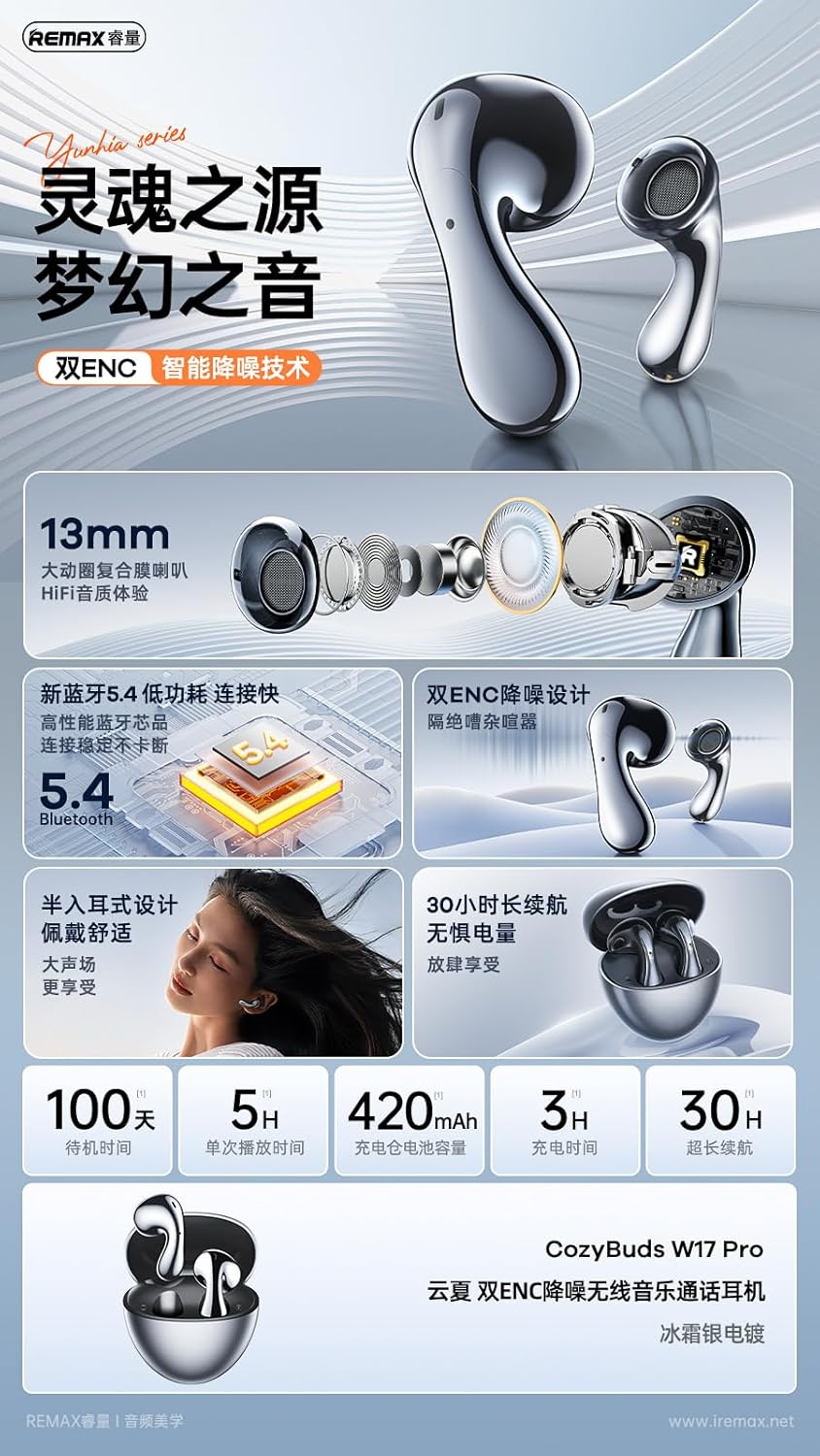 REMAX Dual ENC Cozybuds W17 Pro Upgraded Version-Frost Silver