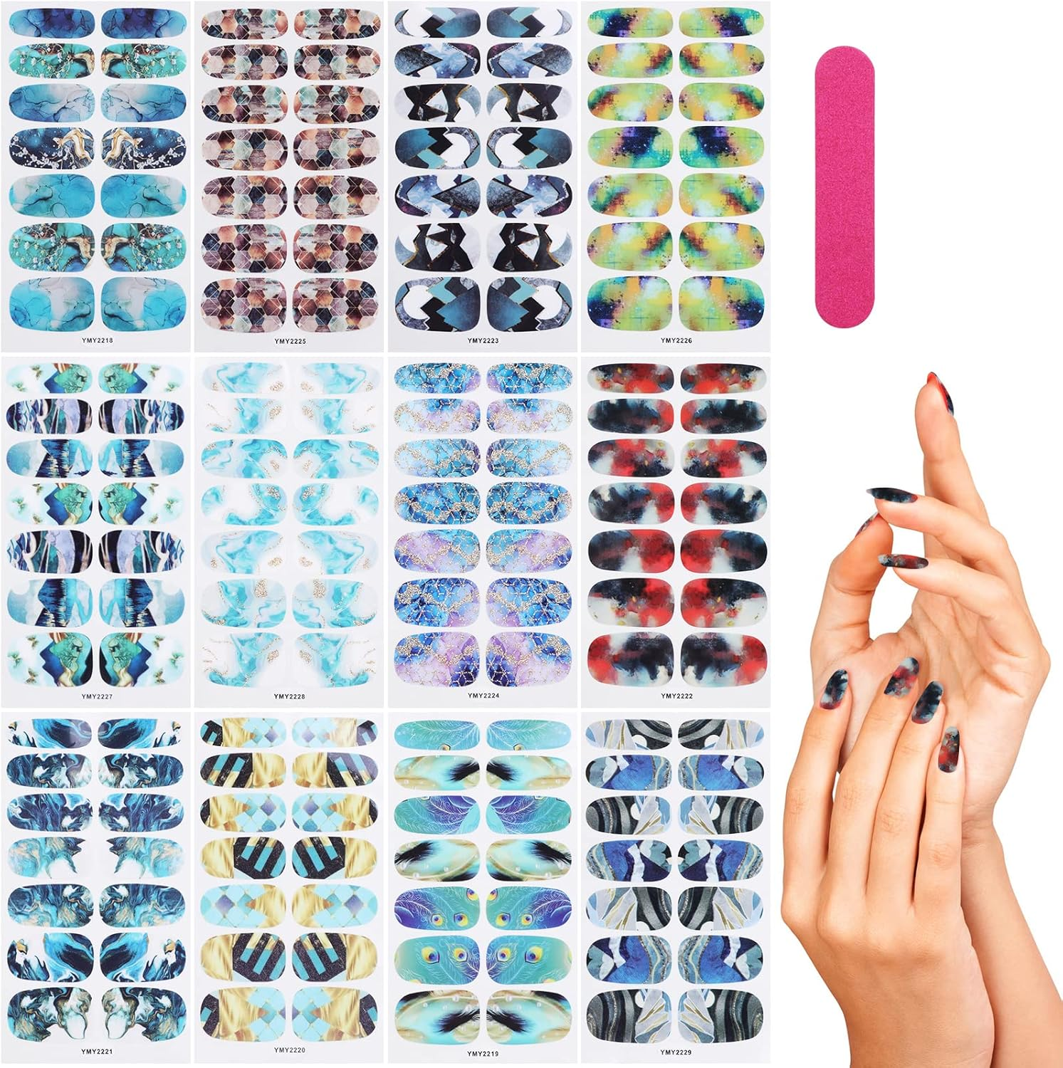 MWOOT 12 Sheets Marble Nail Polish Stickers Wraps, Full Cover Self-Adhesive Nail Polish Strips with 1 Nail File, Marbling Elk Peacock Nail Art Decals Kit for Women Girls Manicure Salon Decoration image number 1