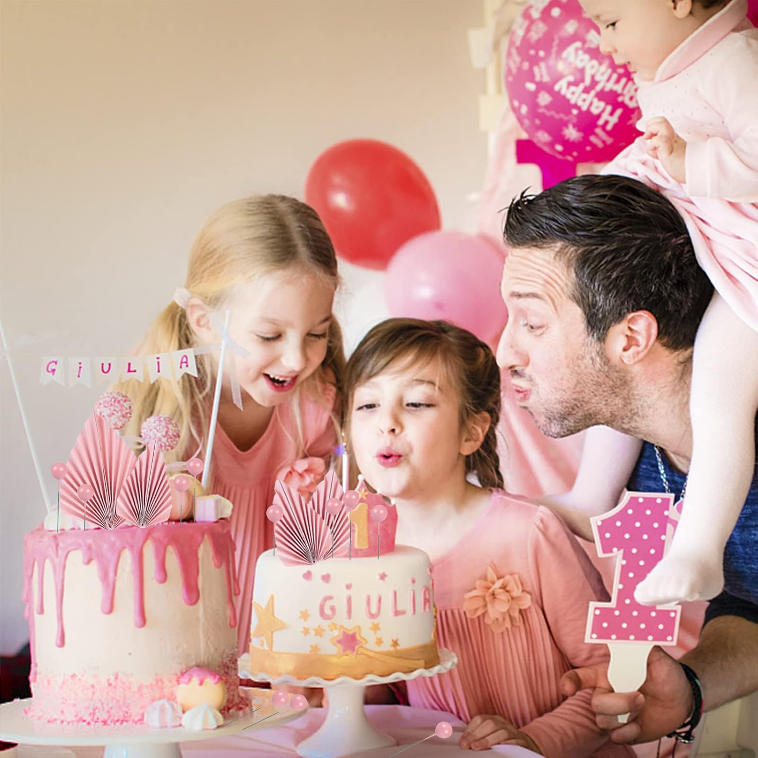 14 Pcs Pink Paper Cake Decorations Include 4 Pink Leaf Cake Topper DIY and 10 round Ball Cake Insert Decoration Birthday Cake Ornament