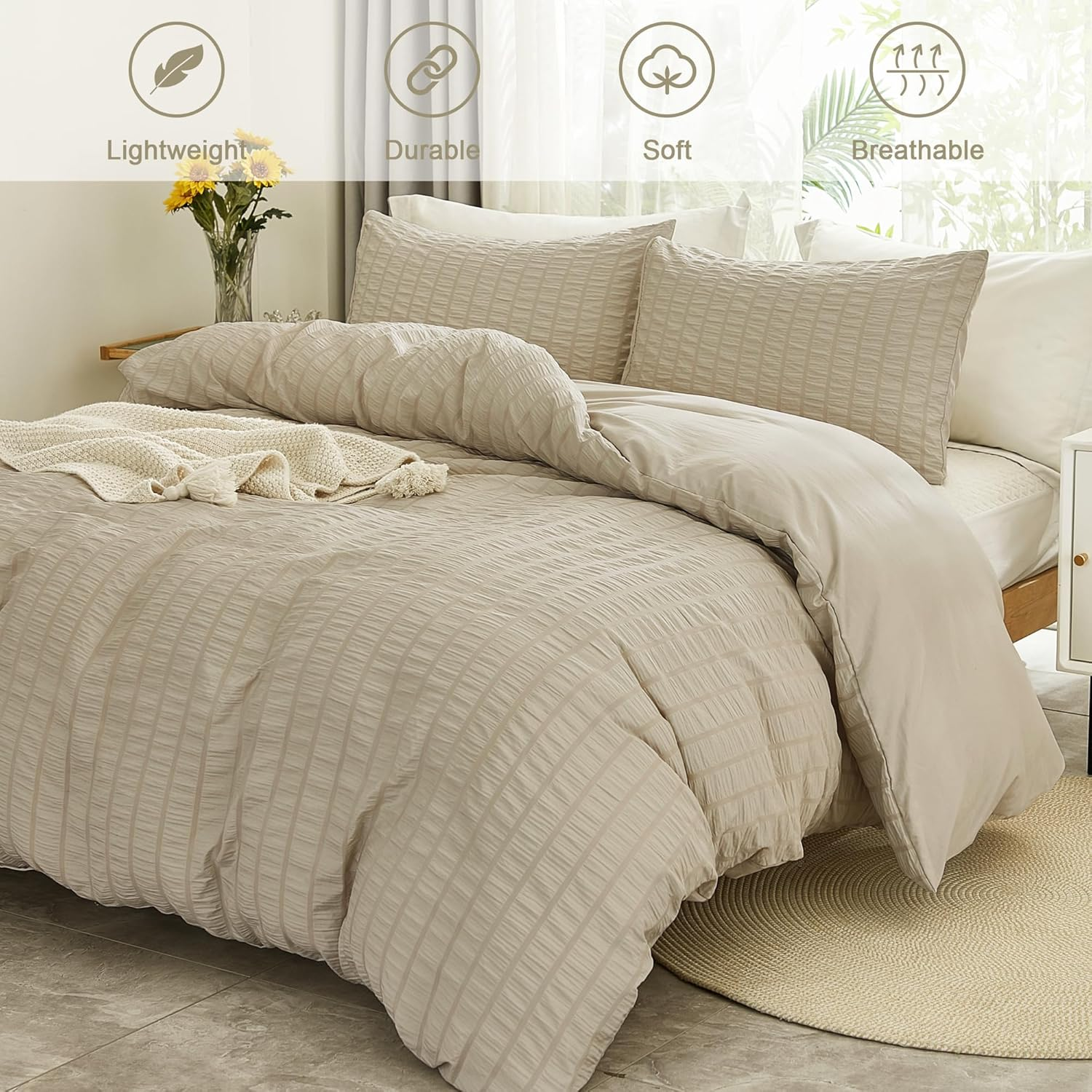 Avelom Beige Seersucker Duvet Cover Set Queen Size (90 X 90 Inches), 3 Pieces (1 Duvet Cover + 2 Pillow Cases), Ultra Soft Washed Microfiber, Textured Duvet Cover with Zipper Closure, Corner Ties image number 6
