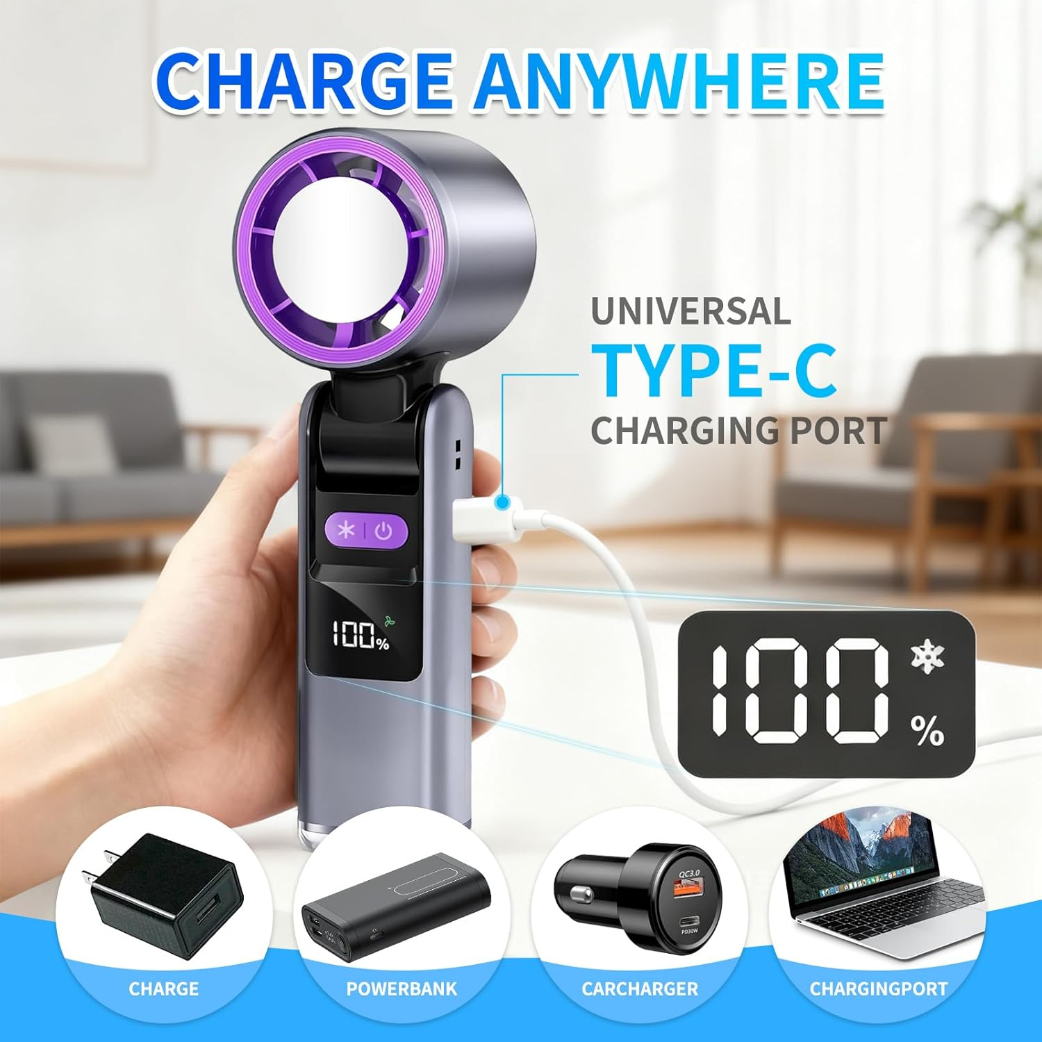 LETOUR Portable Handheld Fan with Cooling Plate, 4000Mah Rechargeable, 5 Speed Settings, 3-Second Fast Cooling Ice Technology for Summer Travel, Outdoor, Office image number 2