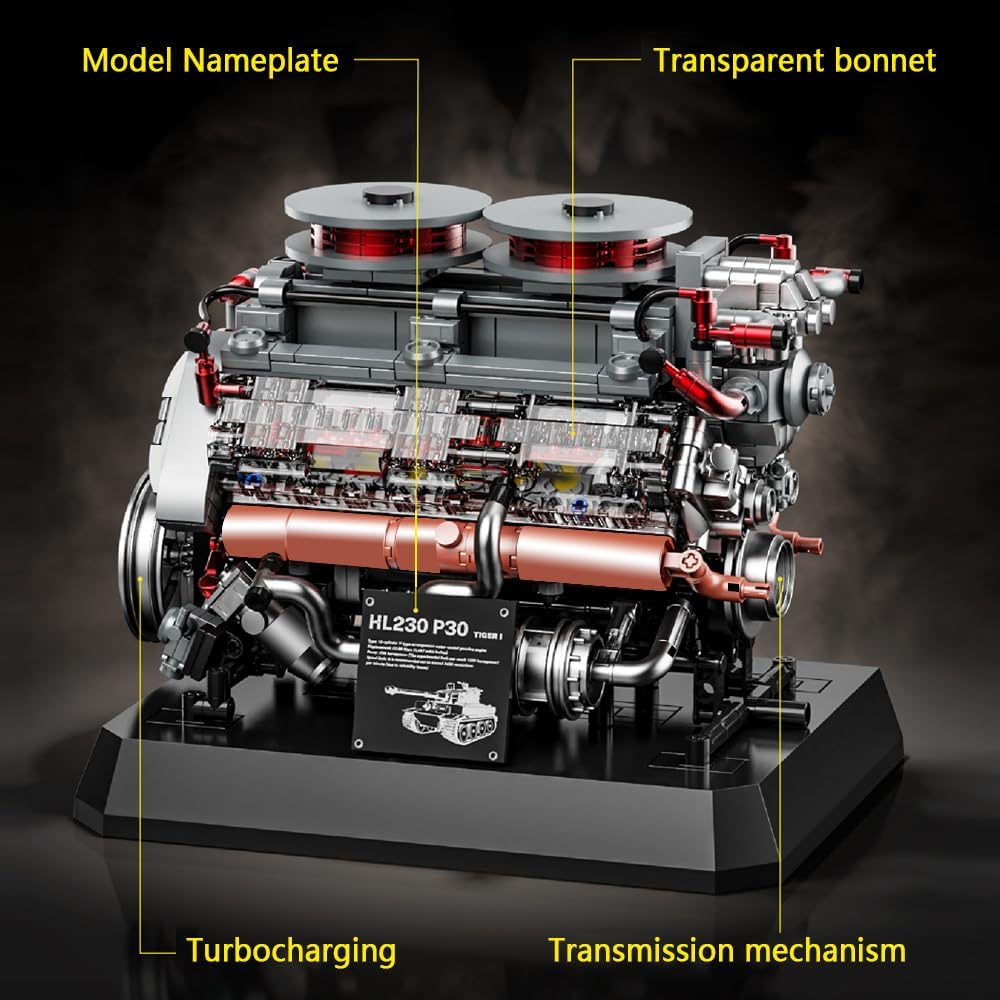 DUANT 39064 Tiger Tank Engine Building Block Set, 1236 Pieces Motor Model Building Block Set, Adults and Teenagers Physics Science Experiment Model Gift (95008) image number 4