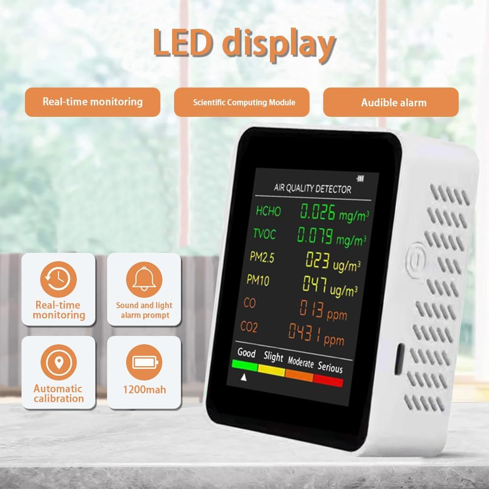 Air Quality Monitor Indoor, 6 in 1 Air Quality Tester, Air Quality Meters for CO2 HCHO AQI PM2.5 Temperature Humidity, Air Quality Detector for Greenhouse Production Warehouse Wine Cellars Home