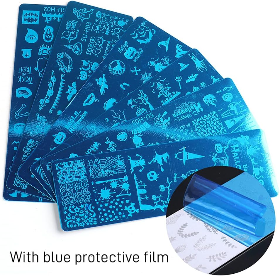 Halloween Nail Art Stamping Plates, 6 PCS Halloween Nail Stamper Kit Horror Ghost Skull Pumpkin Spider Witch Nail Art Stencils Plates Halloween Holiday Party Manicure Template Design Tool image number 1