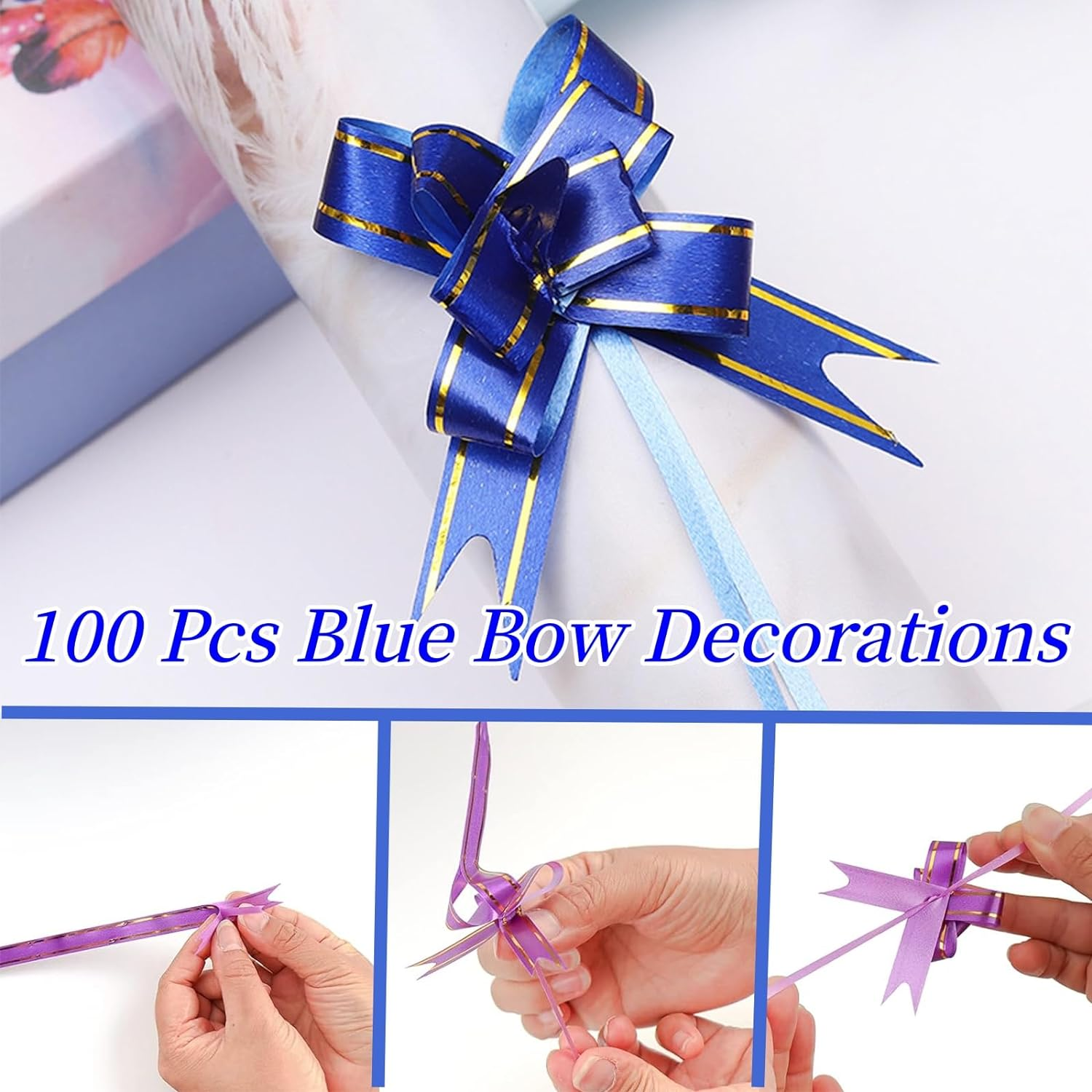 MAIHUO 100 Pack Cellophane Bags Large,With 100 Pcs Blue Pull Bows Ties and 100 Pcs 8Cm Gold Twist Ties,Cellophane Bags (18X28Cm) image number 1