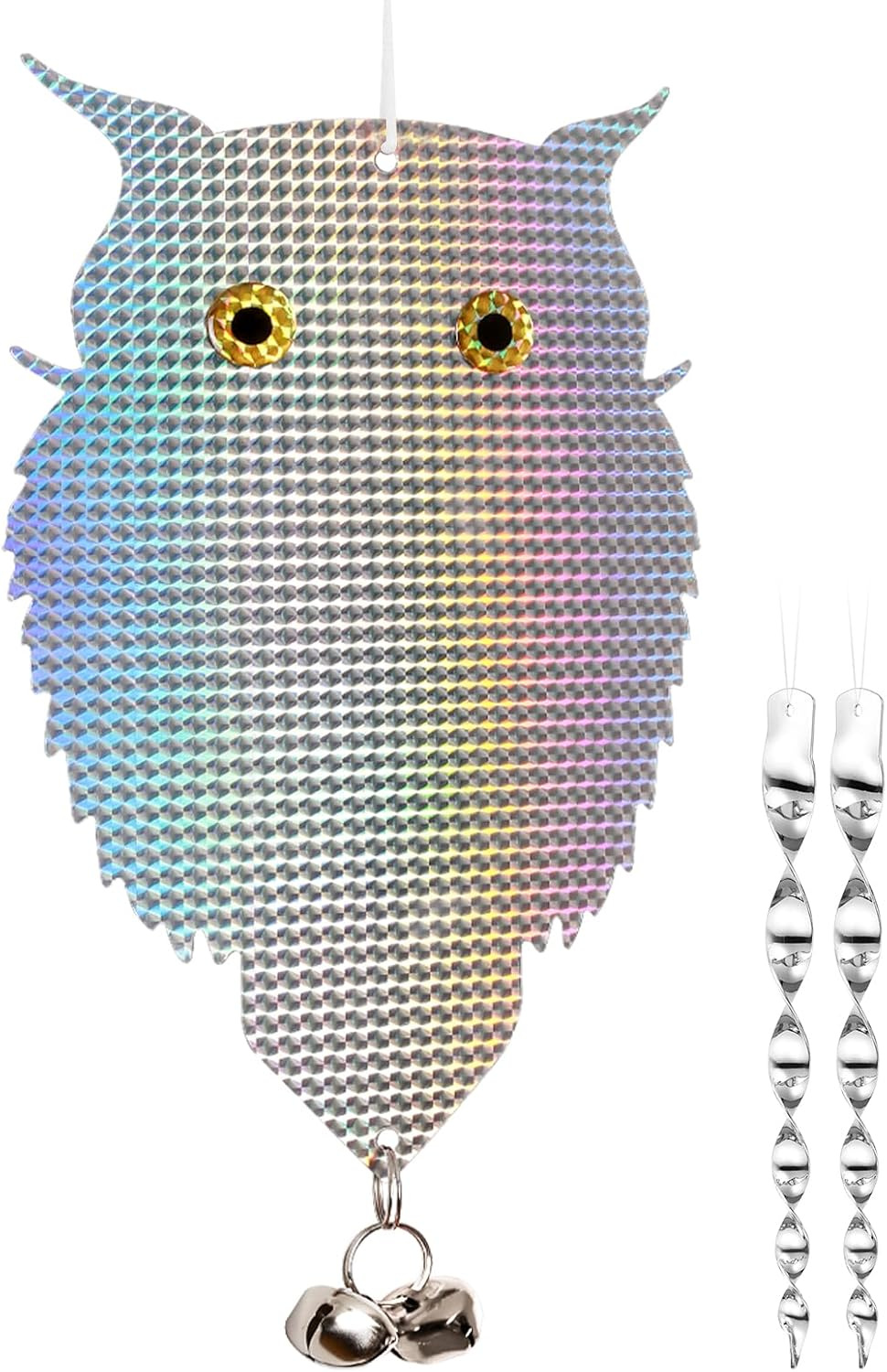 OFFO Owl Decoy for Pigeon Deterrent Hanging Outdoors Reflective Plastic Owls to Scare Pigeons to Keep Birds Away on Gardens with Bells 1 Pcs+ 2Pcs Bird Scare Rods image number 3