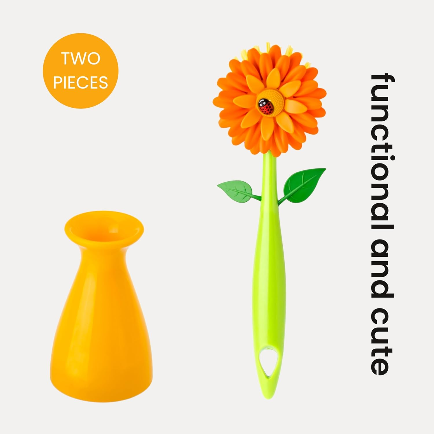 Vigar Flower Power Dish Brush with Vase, Orange (2 Pieces) image number 1