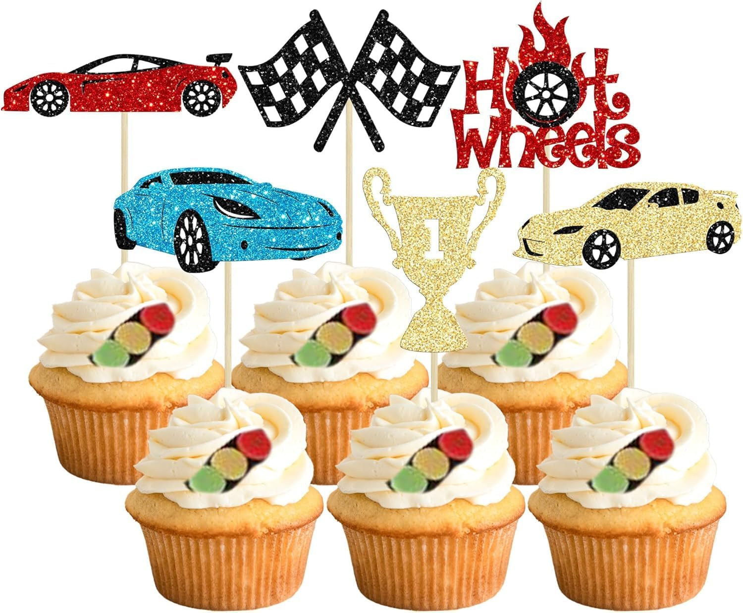 Confetti! 24Pcs Race Car Cupcake Toppers Glitter Traffic Light Steering Wheel Trophy Flag Racing Car Cupcake Pick Decorations for Let'S Go Racing Sports Theme Birthday Party & Baby Shower image number 6