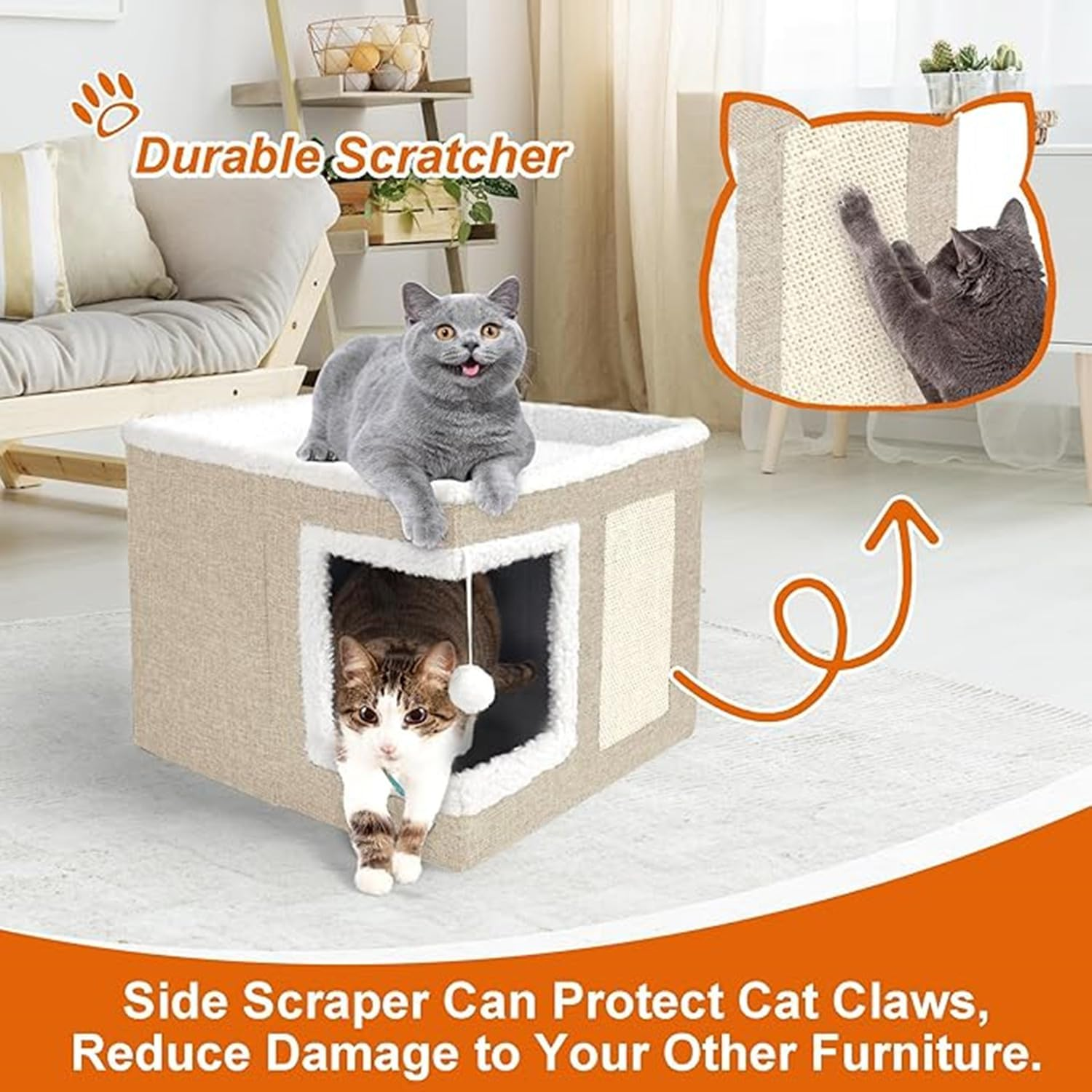 Cat Houses for Indoor Cats - Large Cat Bed Cave with Scratch Pad and Fluffy Ball, Foldable Cat Condo Hideaway with Reversible Cushion for Multi Small Pet (Khaki, 40 * 40 * 15) - Dark Grey image number 6