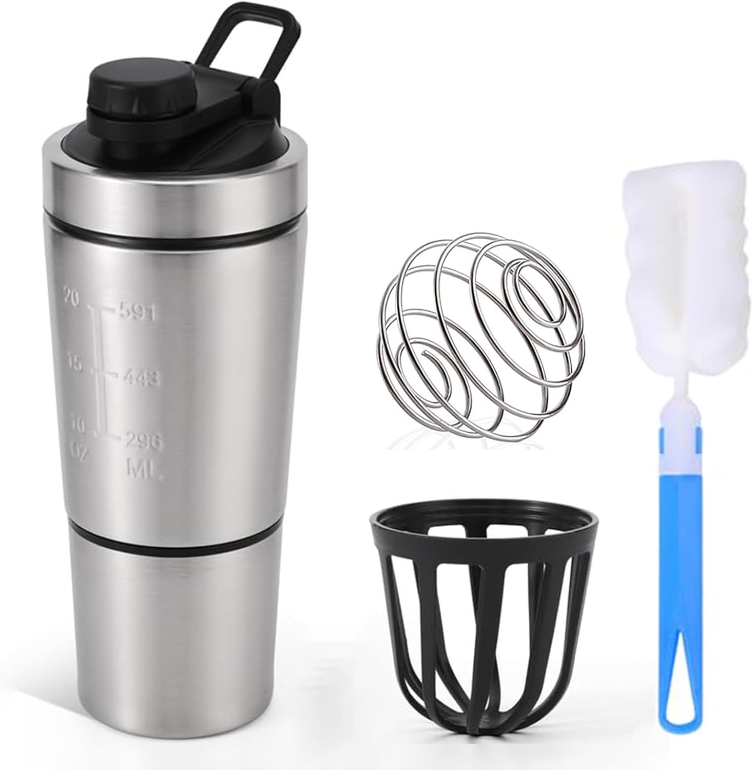 304 Stainless Steel Protein Mixer Cup, Single Layer Protein Shaker Bottle with Bottom Powder Storage, 2 Sections, Leak Proof Supplement Bottle with Detachable Strainer, Easy-Carry Handle [27Oz]