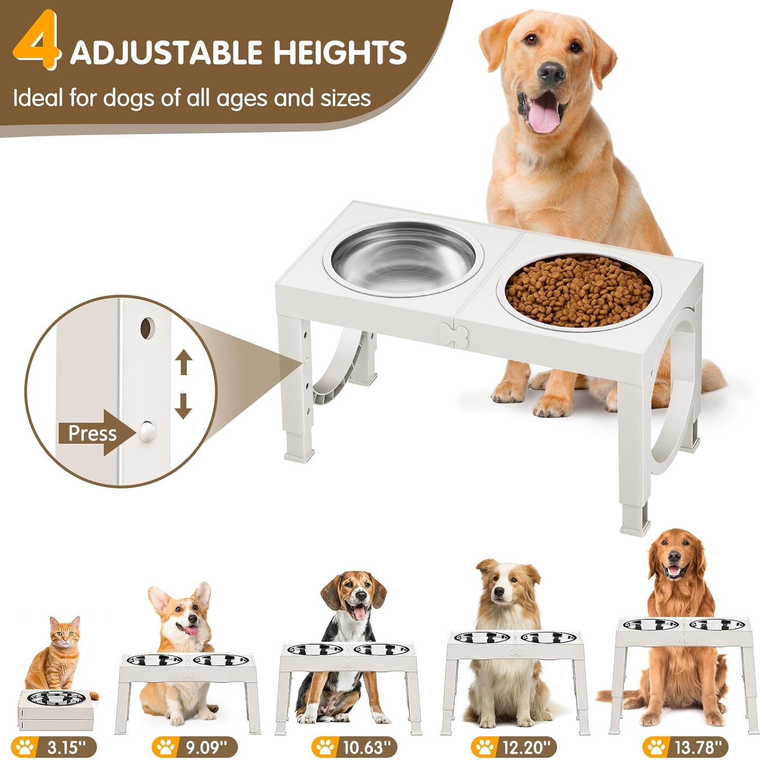Elevated Dog Bowls for Medium Large Breed Dogs, 4 Height Adjustable Dog Raised Bowls Stand to 9.09", 10.63", 12.20", 13.78", 2 Thick Stainless Steel Dog Food Water Bowls, No Slip Dog Feeder, White