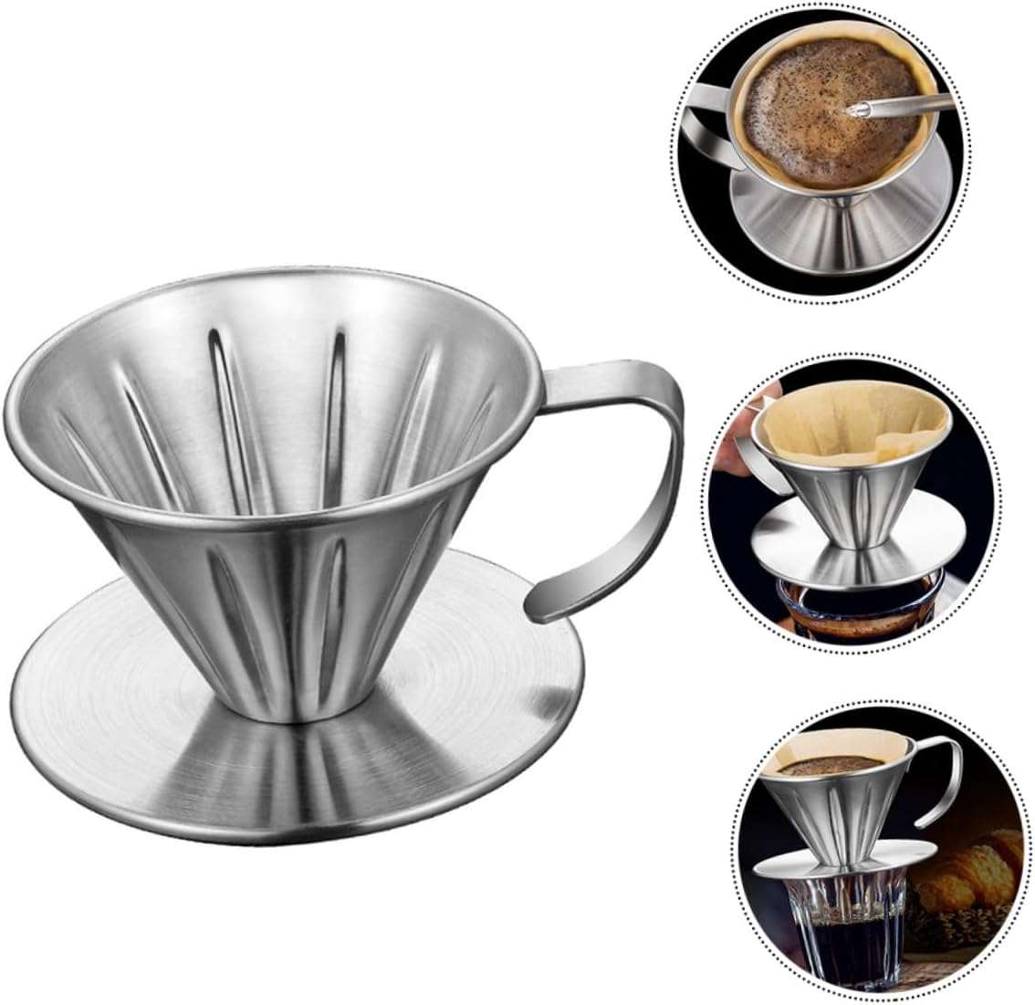 KONTONTY Stainless Steel Coffee Dripper Filter Funnel Handheld Tea Slag Funnel Reusable Coffee Strainer for Cups Brewing Easy to Clean Precision Filtering Tool image number 1