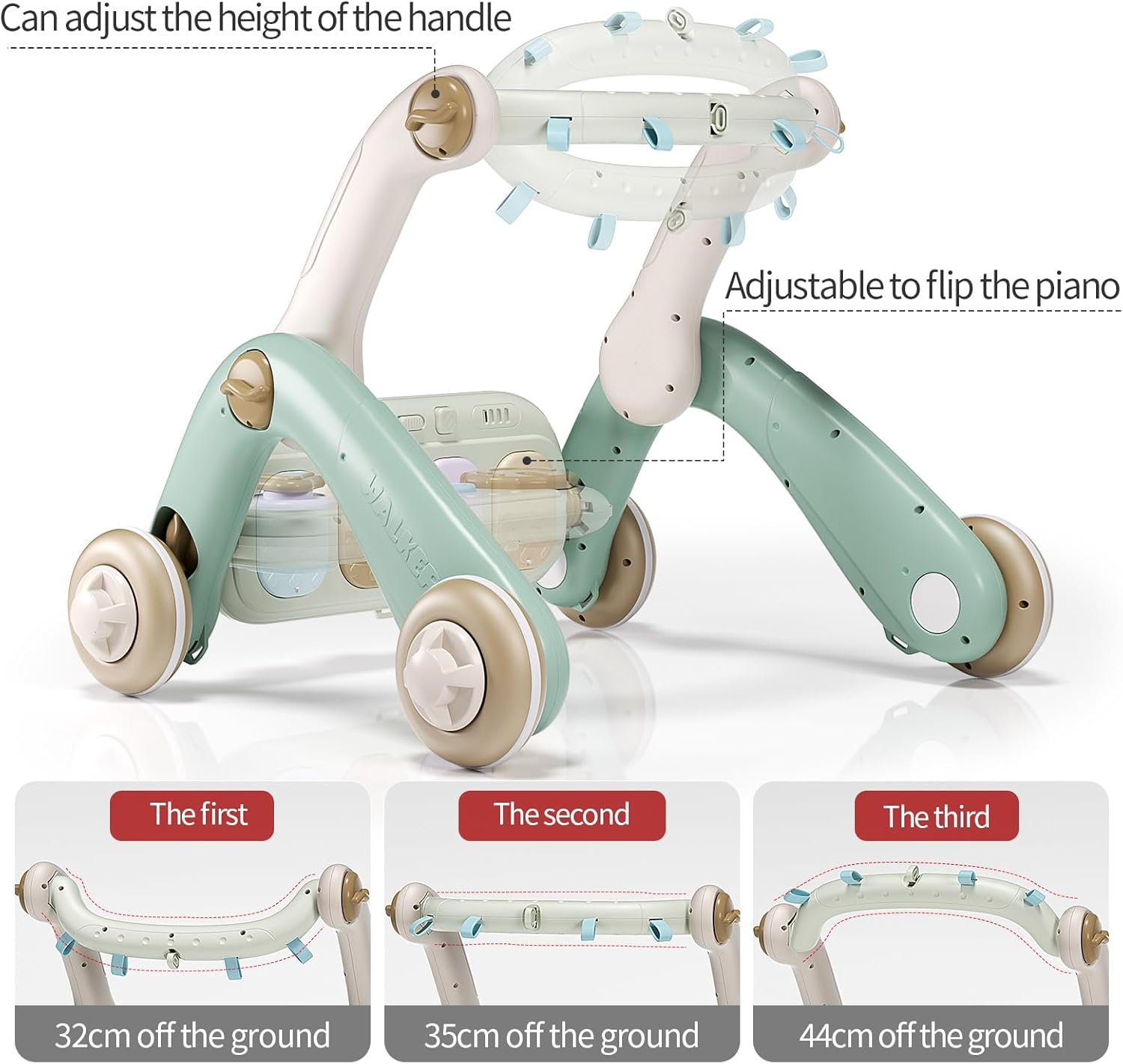 Jovow 2 in 1 Baby Gym with Walker,Baby Play Mat with 4 Infant Learning Sensory,Double-Sided Multifunctional Removable Play Piano Panel,Sit-To-Stand Learning Walker for 0-24 Months Boy Girl [White] - Colorful image number 5