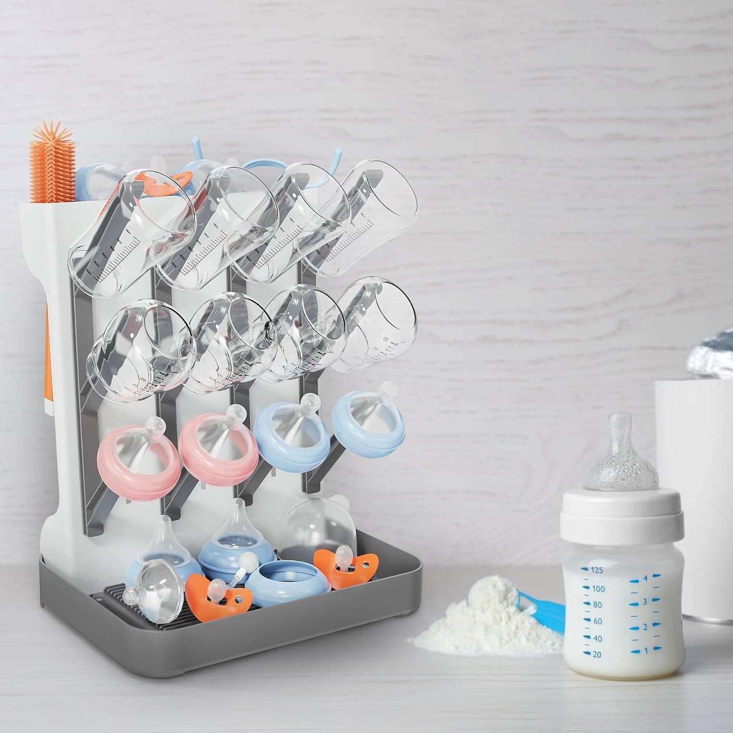 ZERIFAM Baby Bottle Drying Rack, Space Saving for Countertop and Kitchen, Large Capacity Vertical Standing Baby Bottle Organizer & Holder for 12Pc Bottles and Accessories, Pump Parts, Pacifiers (Grey) image number 5