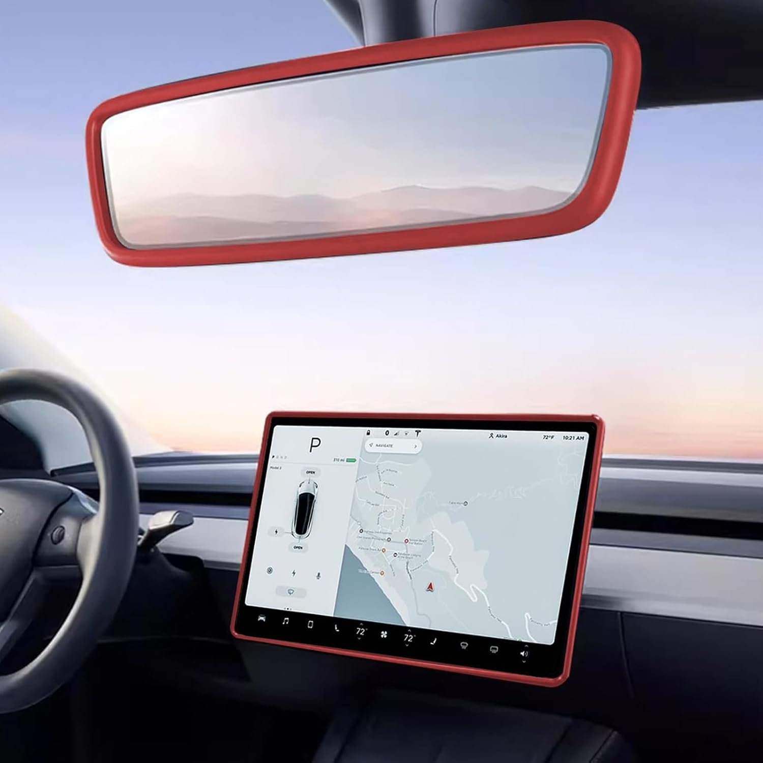 2PCS Protector Trim Frame Compatible with Tesla Model 3 Y 2019-2024 2025 Screen Edge Frame Rearview Mirror Cover Interior Silicone Decorations Center Console Decor Highland Juniper Accessories (Red) image number 4