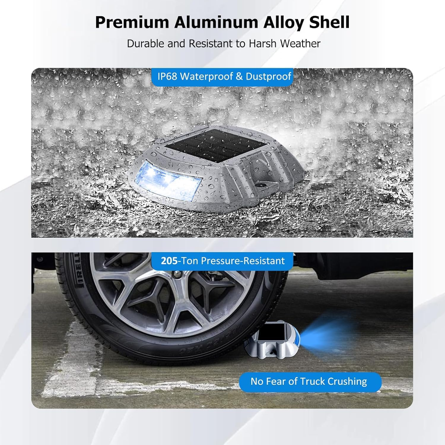 NHEWMAS Solar Lights Outdoor, Solar Driveway Lights with 6 LED, IP65 Waterproof Static Pressure Resistance 18 Tons Wireless Driveway Safety Light, for Railing/Step/Patio/Deck Fence Etc.(2 Pack/Blue) image number 5