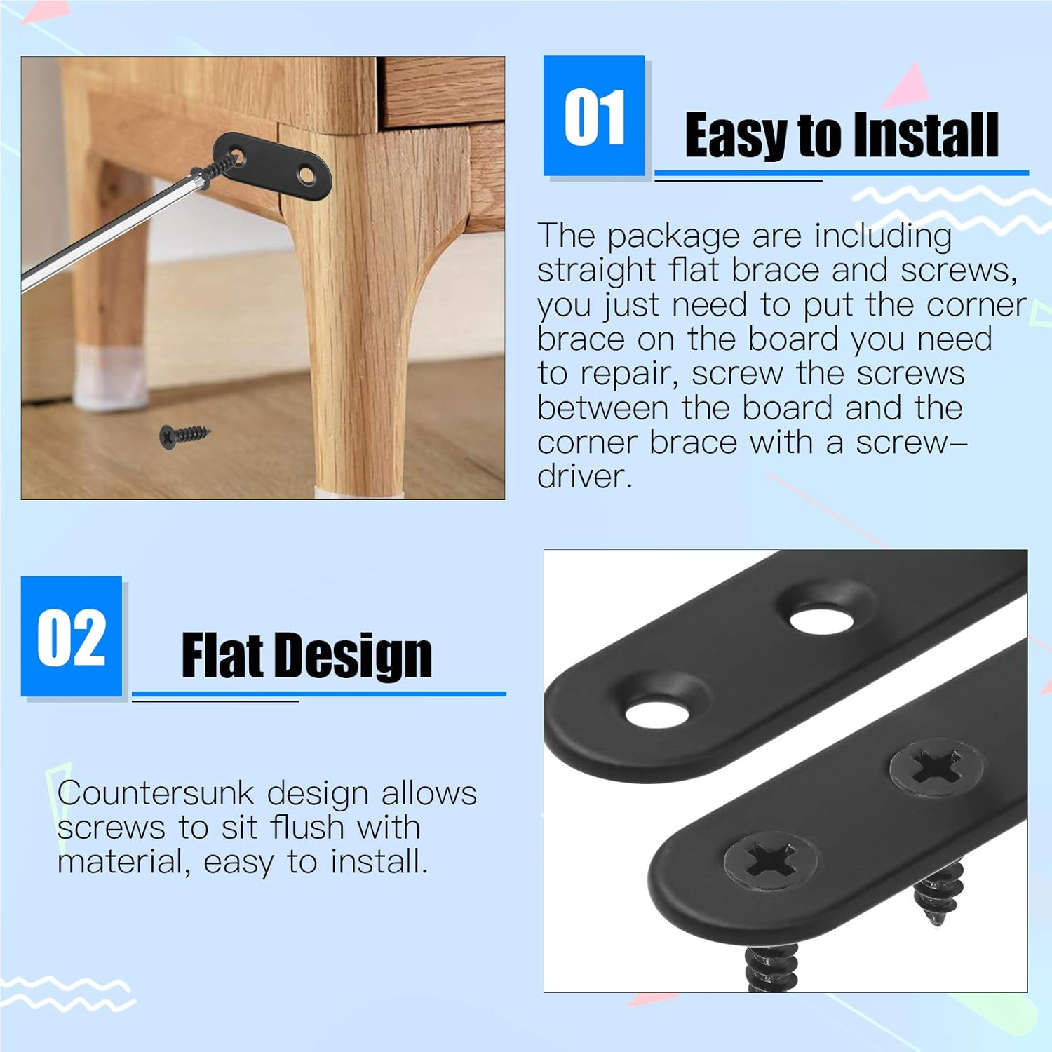 Glarks 20 Sets 50Mm Flat Straight Corner Brace Black Metal Joint Plate Connector Repair Fixing Bracket with 45Pcs Screws for Wood Furniture (50X2Mm) image number 5