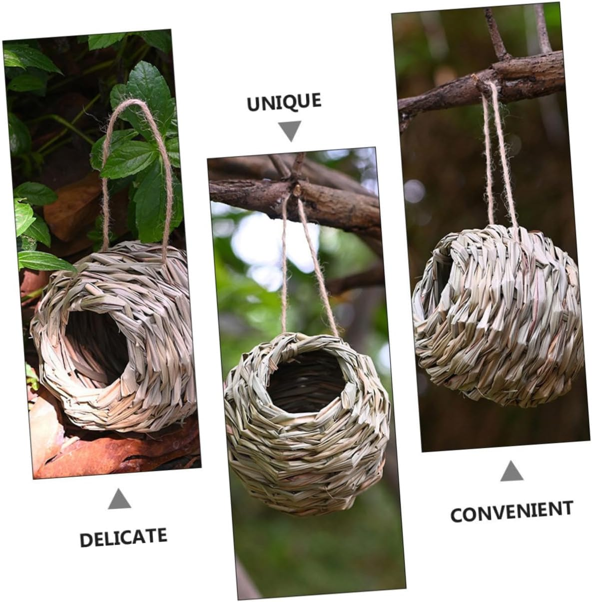 WOONEKY 3Pcs Natural Grass Hanging Bird Houses for Outdoor Garden Balcony Porch Handwoven Finch Nest Boxes with Secure Entry Weather-Resistant Straw Bird Huts Home Decor image number 4