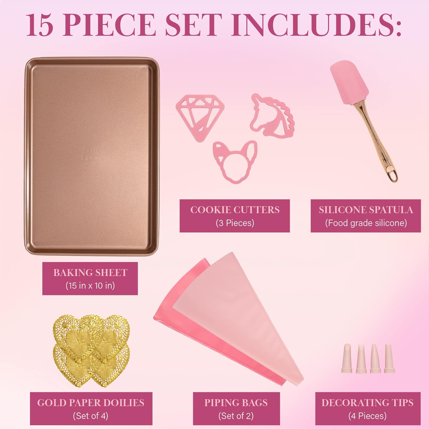 Paris Hilton Cookie Decorating Set with Nonstick Cookie Baking Sheet, Iconic Cookie Cutter Shapes, Reusable Piping Bags and Decorating Tips, Silicone Spatula, Pink image number 4