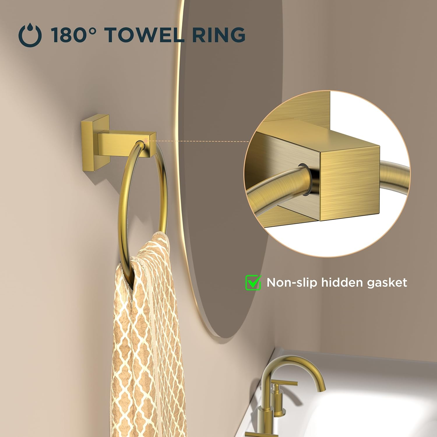 FORIOUS Toilet Roll Holder, Wall Mount Pivoting Towel Ring Set, SUS304 Stainless Steel Bathroom Tissue Holder, Modern Bathroom Hardware Set, Gold image number 1