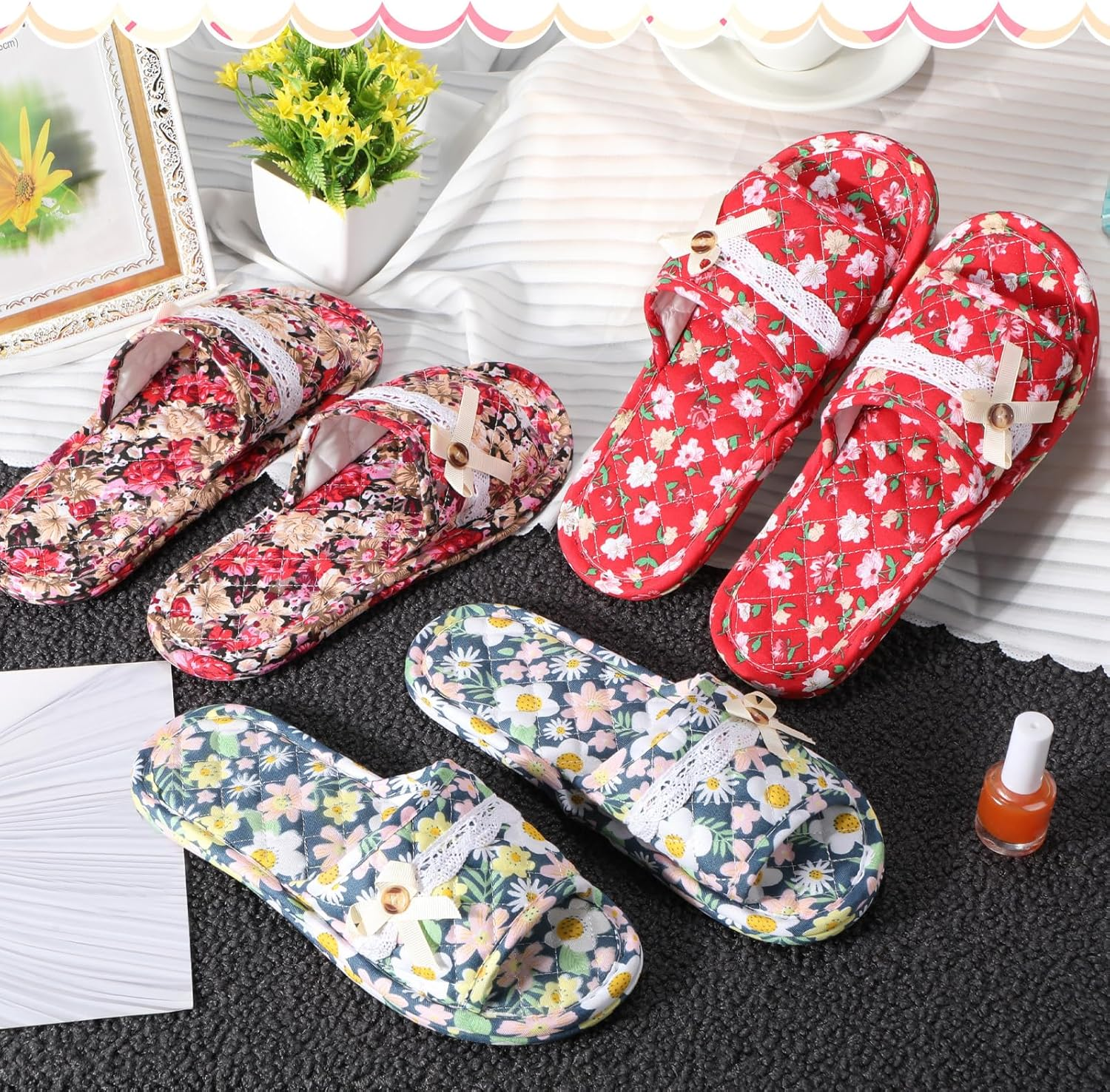 Chicingyou 3 Pairs Floral Cotton House Slippers for Guest Women Washable Indoor Cotton Slippers Open Toe for Hotel Travel Airplane Spa image number 4