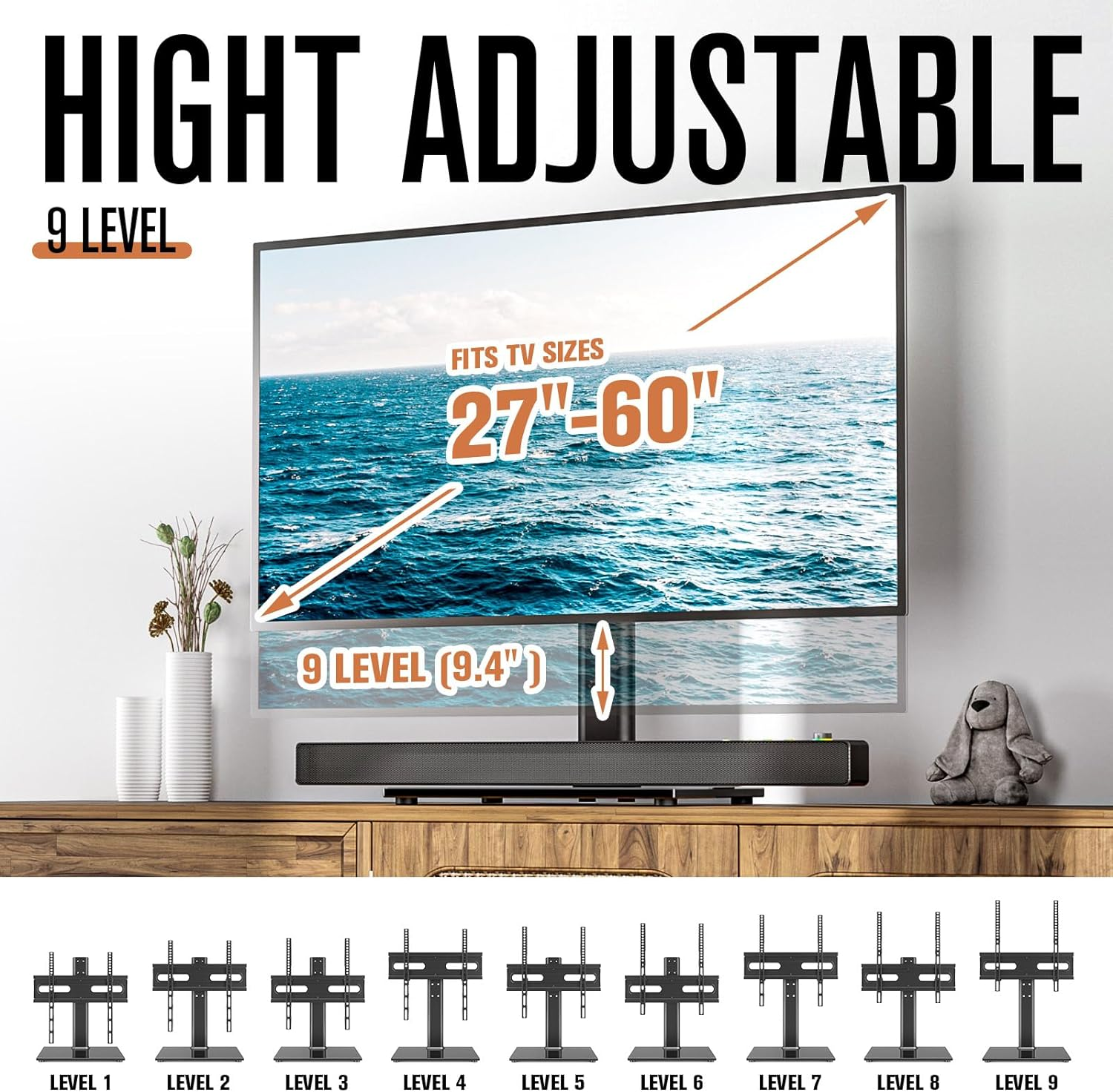 Hemudu Universal Swivel TV Stand/Base Table Top TV Stand with Wall Mount for 27 to 60 Inch 9 Level Height Adjustable, Heavy Duty Tempered Glass Base, Holds up to 88Lbs Screens, HT06B-002&hellip; image number 6