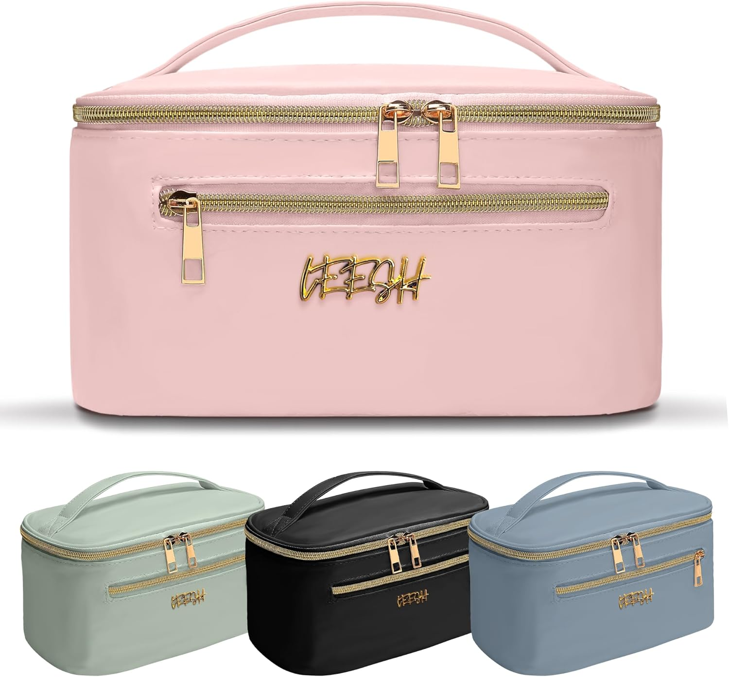 Leesh & CO Makeup Bag - Large Travel Cosmetic Organizer with Brush Holders for Women - Eco-Friendly Vegan Leather, Waterproof & Durable Cosmetics Bag - Perfect for Toiletries, Beauty Products (Pink) image number 2