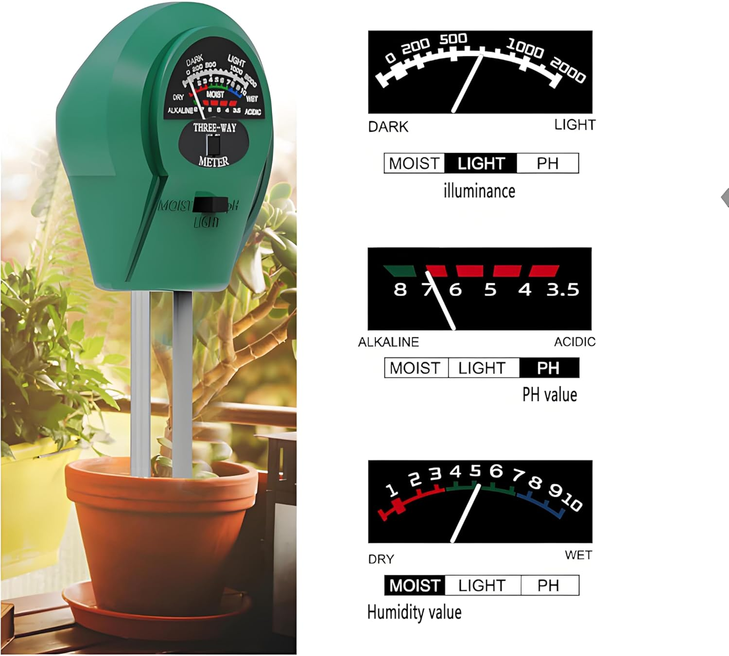 3-In-1 Soil Moisture Meter with Ph & Light Tester &ndash; Instant Soil Moisture, Ph, and Light Readings for Indoor/Outdoor Plants image number 1