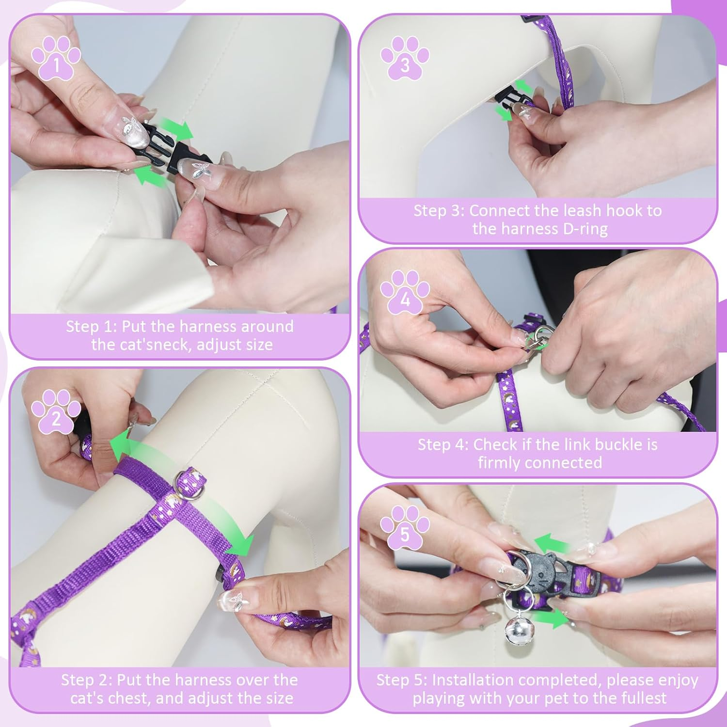 Set of 2 Cat Harness with Lead, Collar Set, Adjustable Nylon Harnesses, Cat Lead with Adjustable Reflective Strips for Small Cats, Puppies, Outdoor, Garden, Walking, Training, Playing image number 5