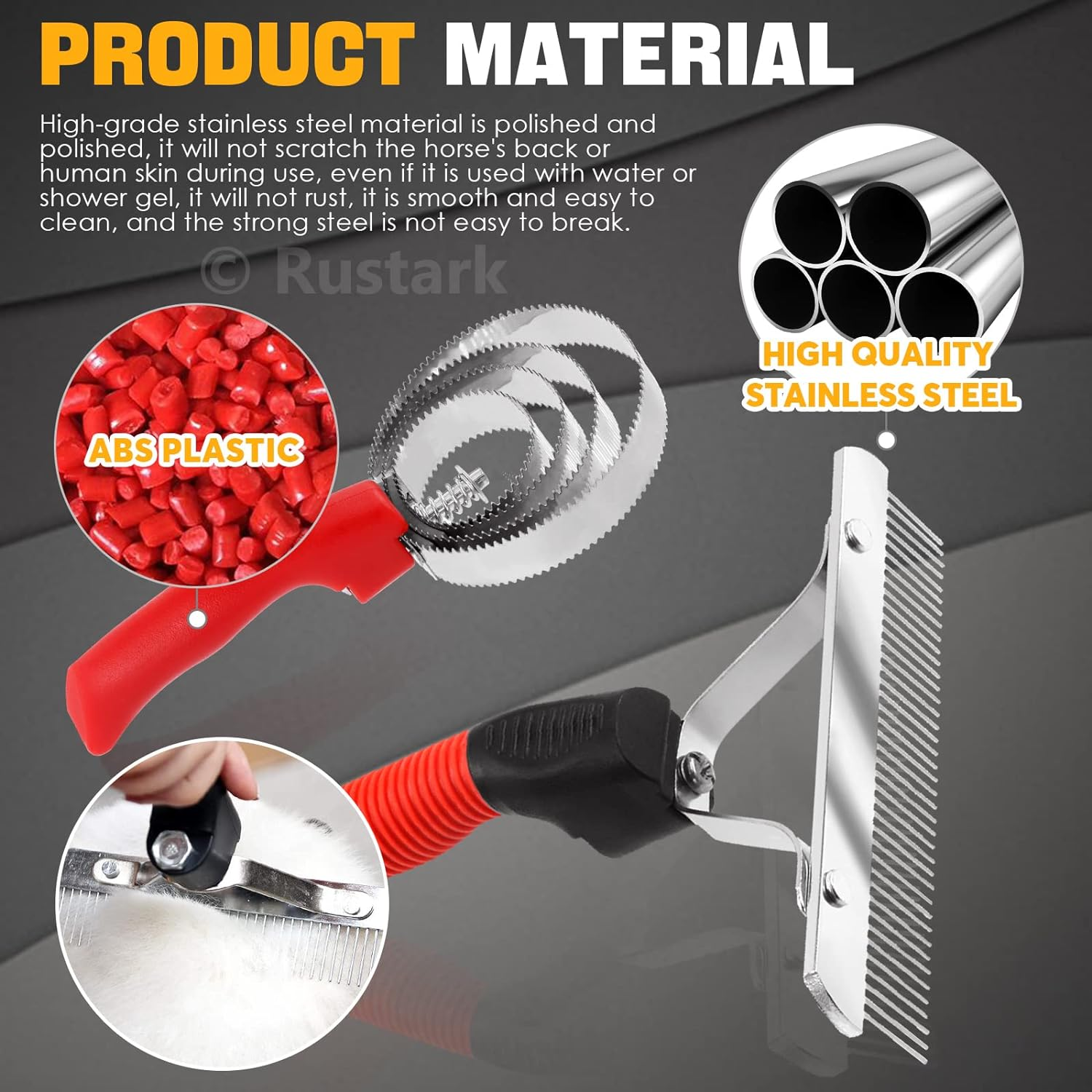 Rustark 3Pcs Reversible Stainless Steel Curry Grooming Set with 4 Rings: Large Rubber Comb, Scotch Type Comb, Metal Brush for Cows, Sheep, Dogs, Goats, Horses image number 3