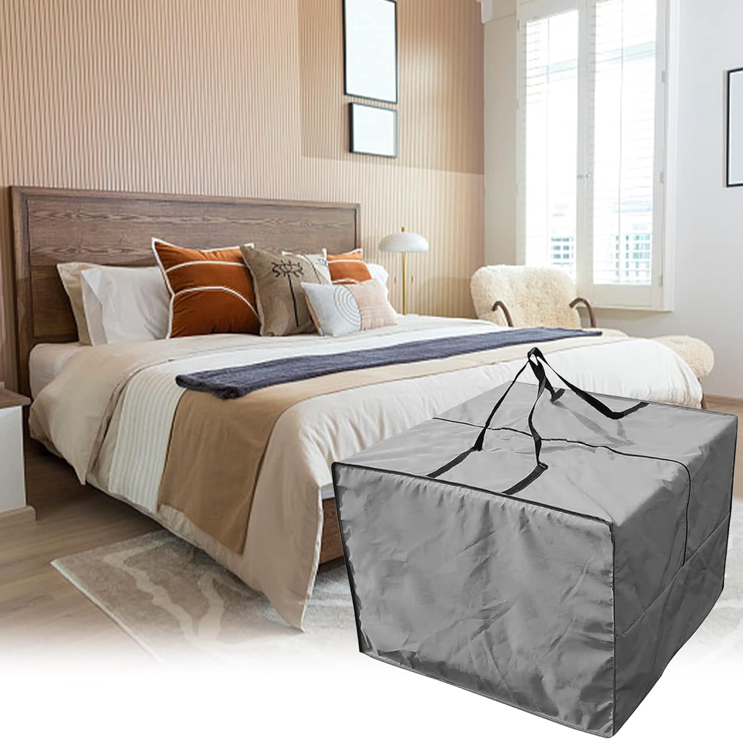 Garden Furniture Cushion Storage Bag Worthplanet Waterproof 210D Oxford Fabric 83 X 83 X 62Cm Furniture Seat Cushions Storage Bag with Handles Zippers and Carrying Bag for Cushions, Patio W200027 (Gray) image number 6