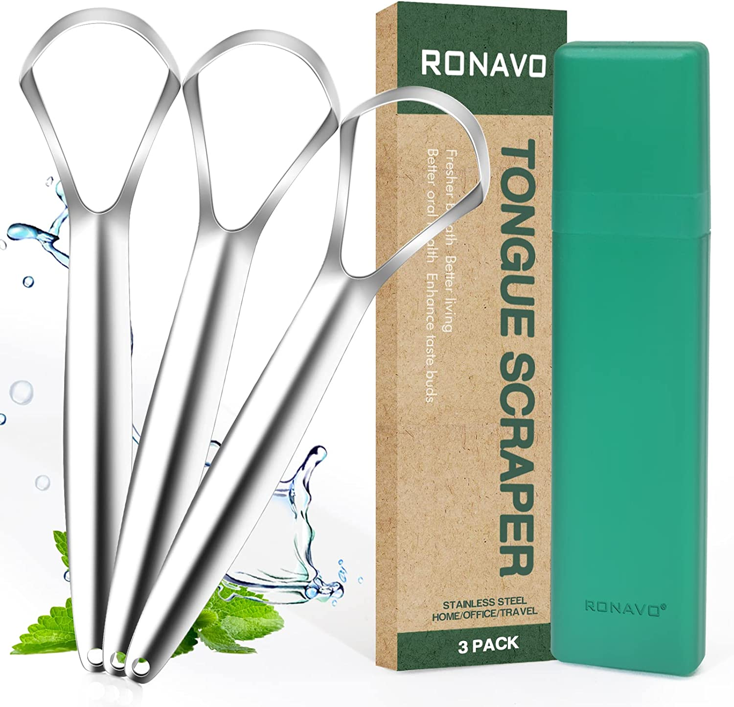 RONAVO Tongue Scraper Stainless Steel (2 Pack), Cure Bad Breath Medical Grade Tongue Cleaners, 100% BPA Free Metal Tongue Scrapers Fresher Breath in Seconds