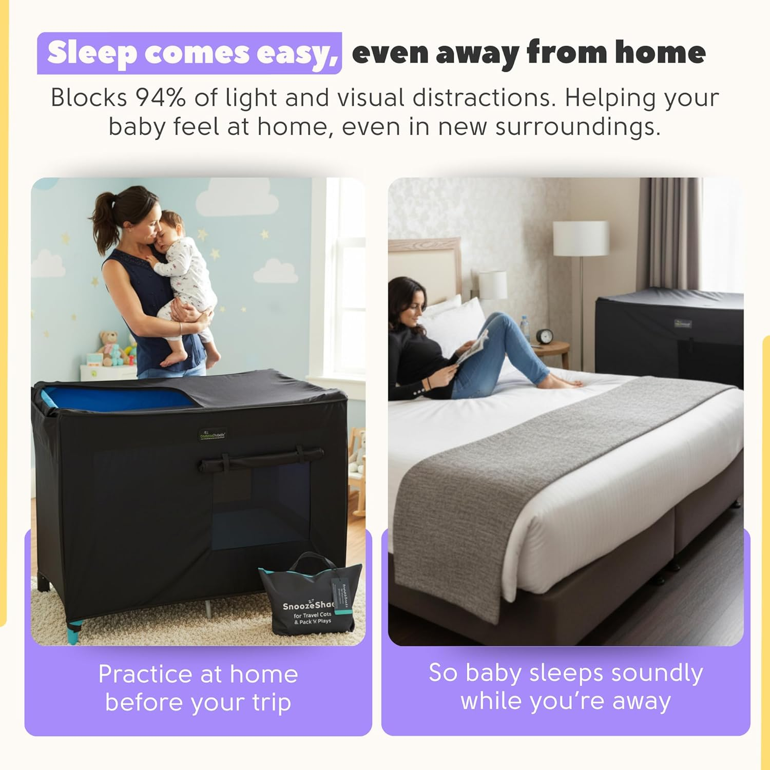 Snoozeshade Travel Cot Blackout Cover & Sleep Canopy, Breathable Mesh Sleep Shade for Travel Cots, Blocks 94% of Light, Protects against Insects & Light Wind, INPAA Approved image number 1