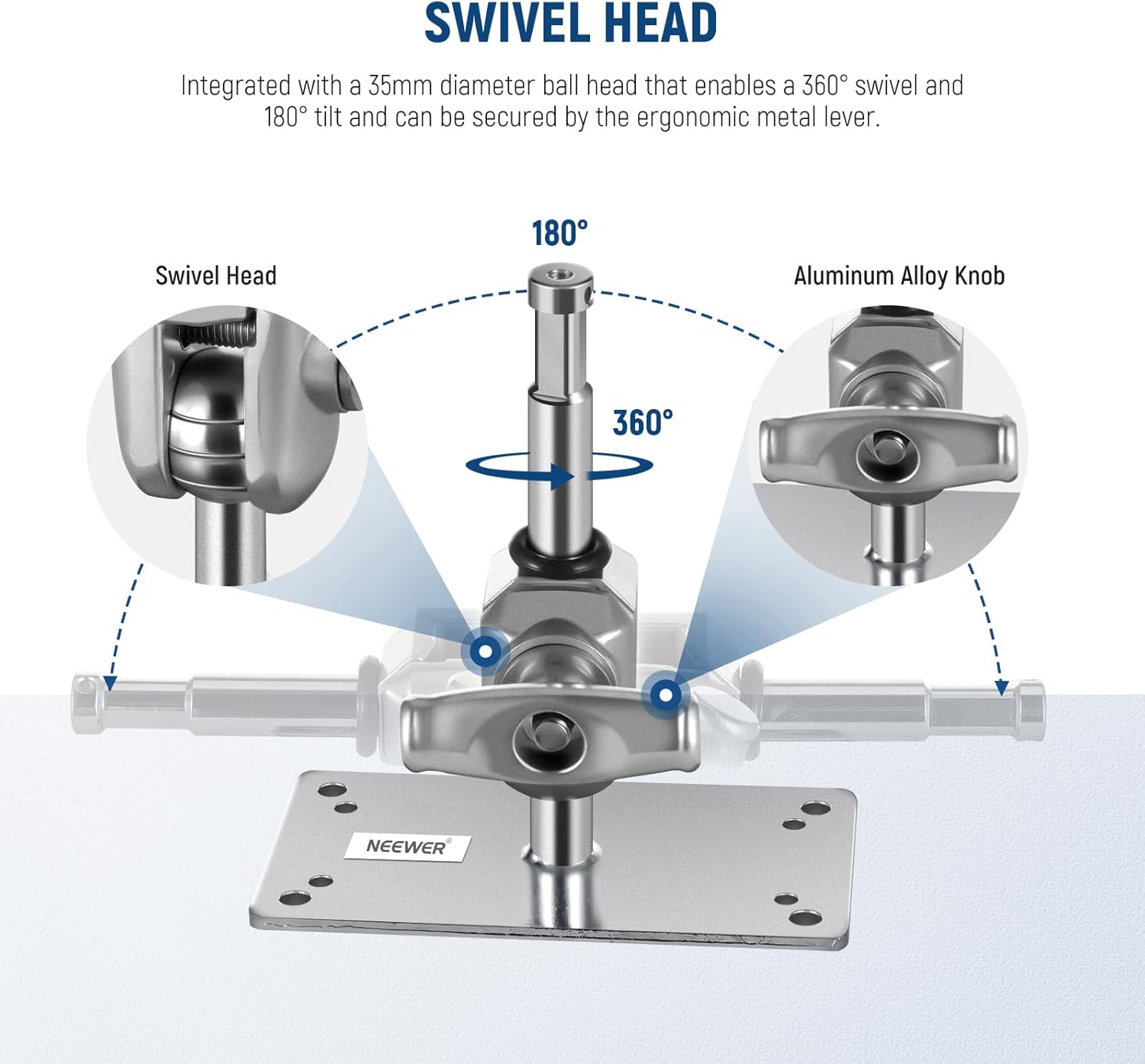 NEEWER 6.5 Inch Wall Ceiling Mount Baby Pin 5/8" Stud with 360&deg; Swivel Ball Head & 10 Screws, Photography Photo Studio Wall Mount for Ring Light,Video Light,Strobe Flash, Max Load 22Lb/10Kg, ST-WM2 image number 3