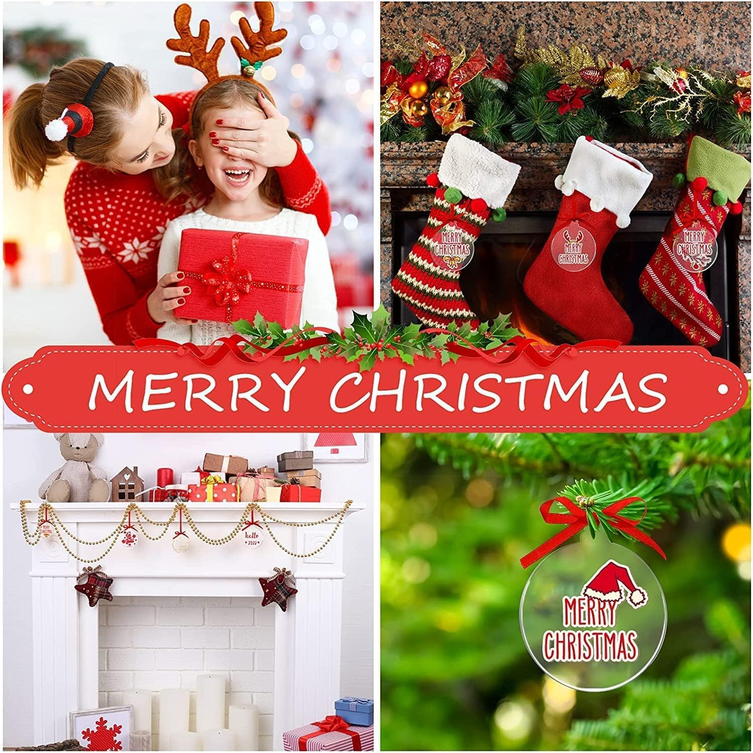 16 Pieces Clear round Acrylic Christmas Ornament with Red Ribbon DIY Blank round Acrylic Ornament Transparent Circle Discs for Christmas Bauble Tree Decoration Tag Craft (Cute Style, 4 Inches)